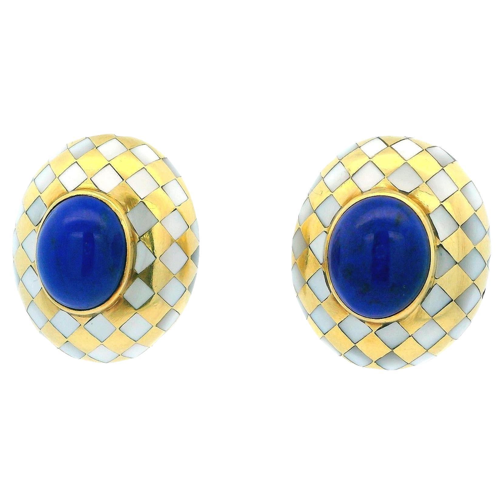 Angela Cummings Clips Oval MOP Grille Lapis Oval Cab Center 18k  Boucles d'oreilles en vente