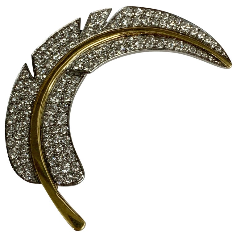 Angela Cummings Platinum and 18 Karat Diamond Feather Pin For Sale