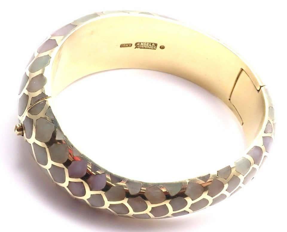 18k Yellow Gold Inlaid Purple And Green Jade Snakeskin Bangle Bracelet by Angela Cummings. 
Details: 
Weight: 68.0 grams
Length: 6.5