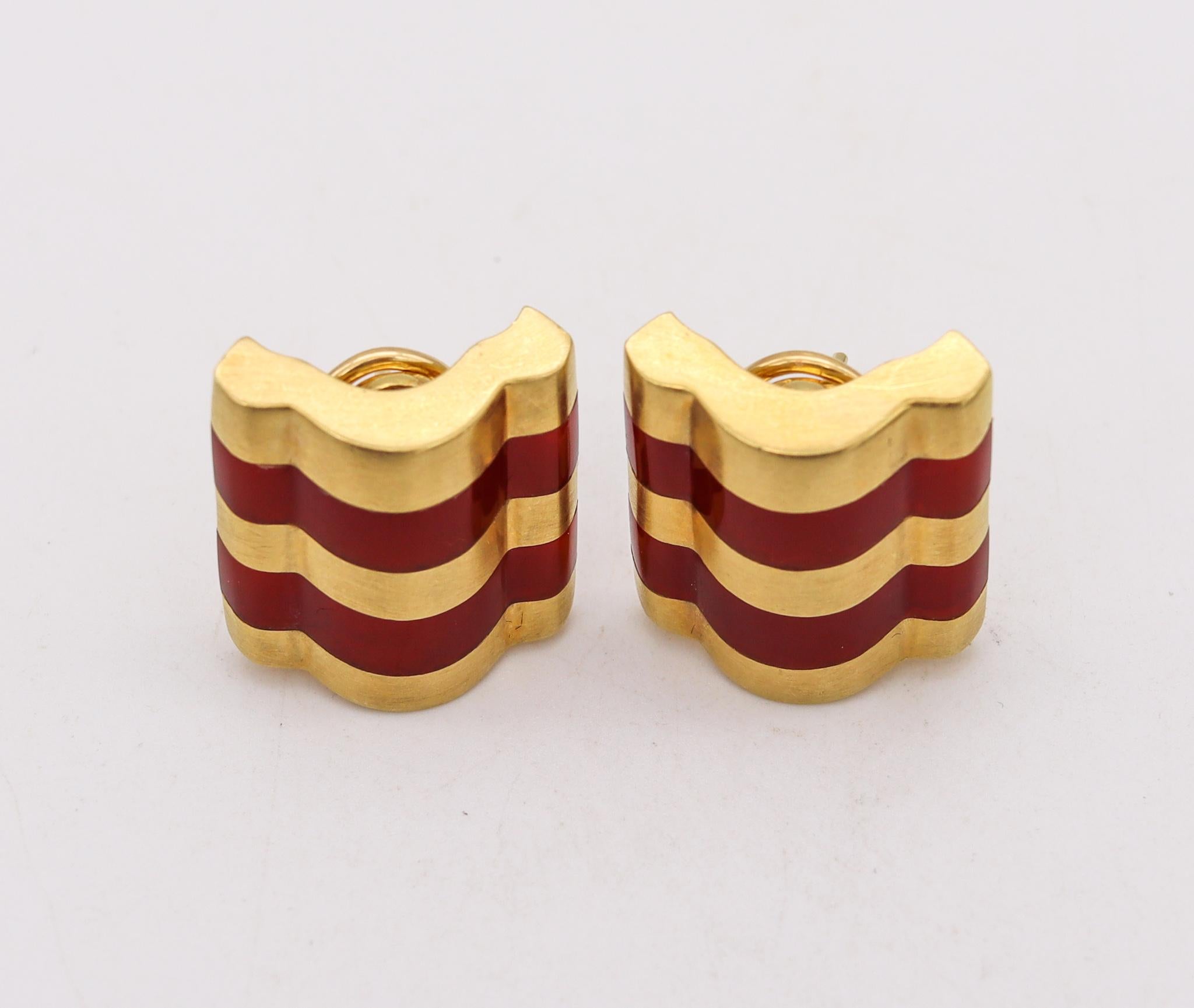 Modernist Angela Cummings Rare Geometric Clip Earrings 18kt Yellow Gold Carved Carnelian