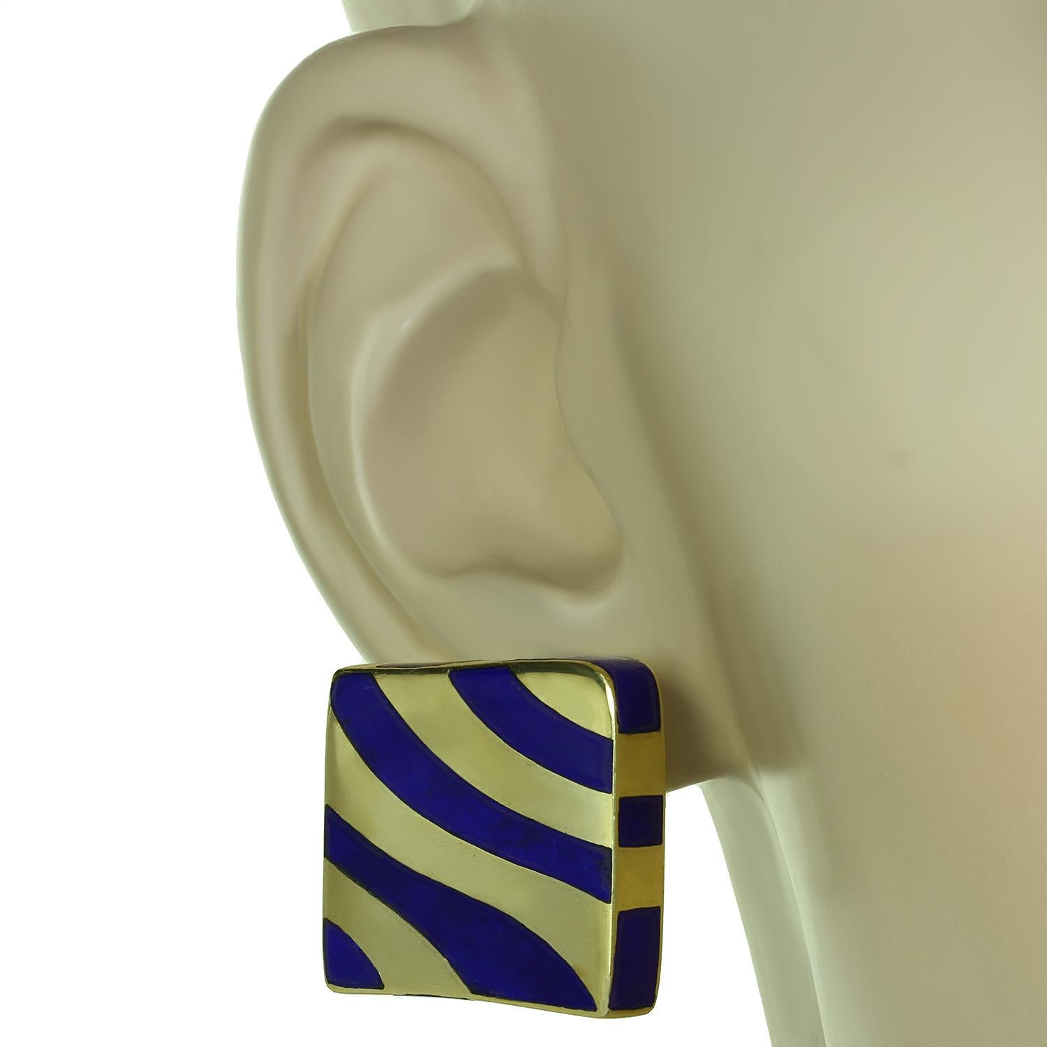ANGELA CUMMINGS Striped Lapis Lazuli Yellow Gold Earrings In Excellent Condition For Sale In New York, NY