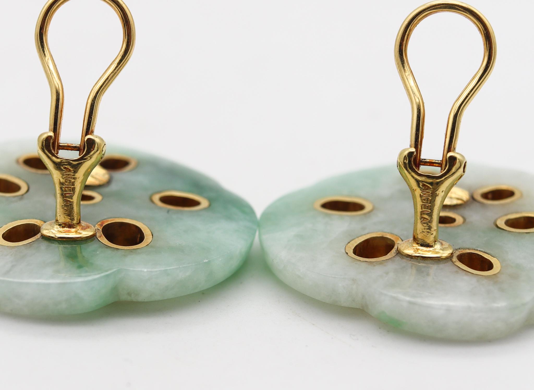 Mixed Cut Angela Cummings Studios 1983 Lotus Clip Earrings in 18Kt Gold with Nephrite Jade For Sale