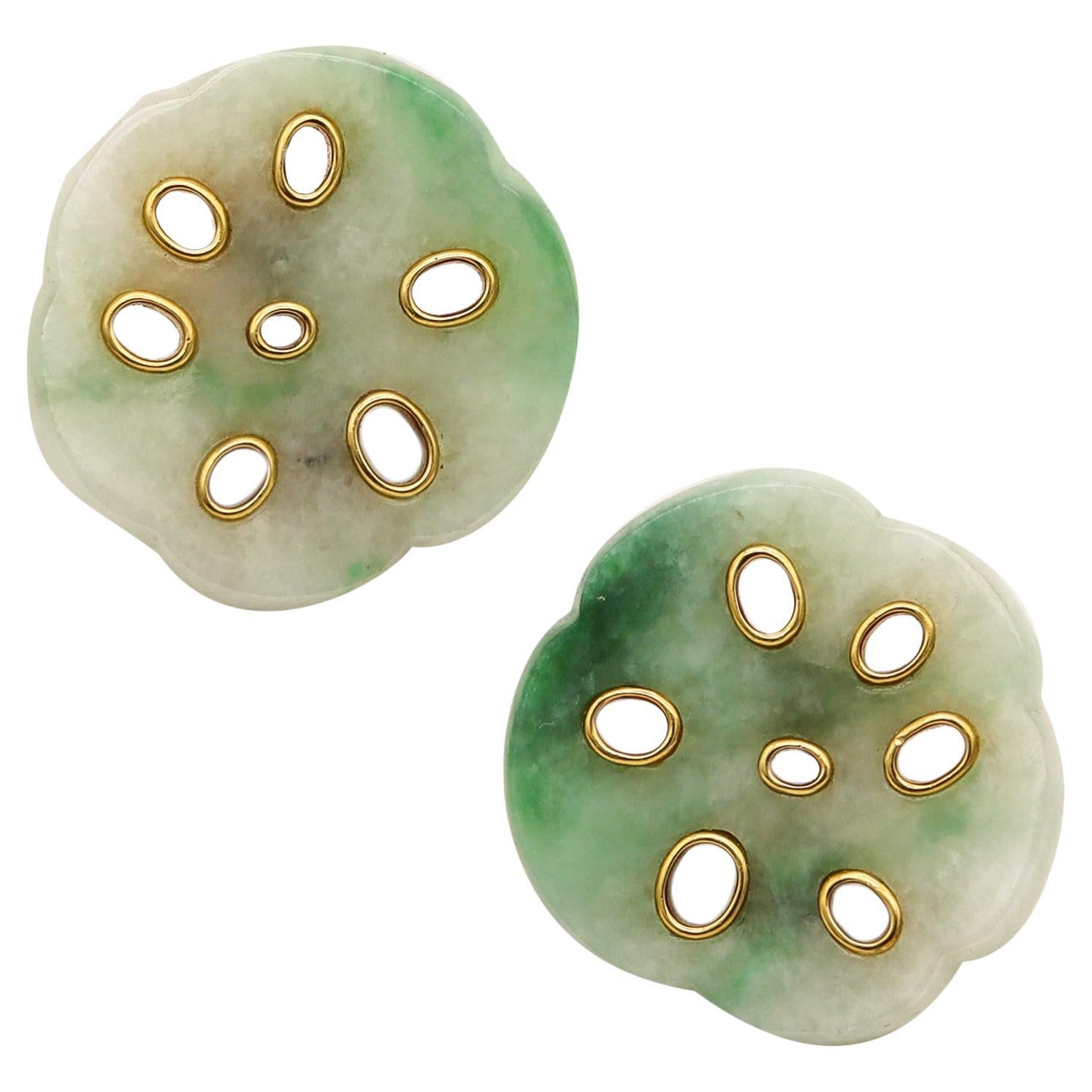 Angela Cummings Studios Clips d'oreilles lotus en or 18 carats et jade néphrite, 1983