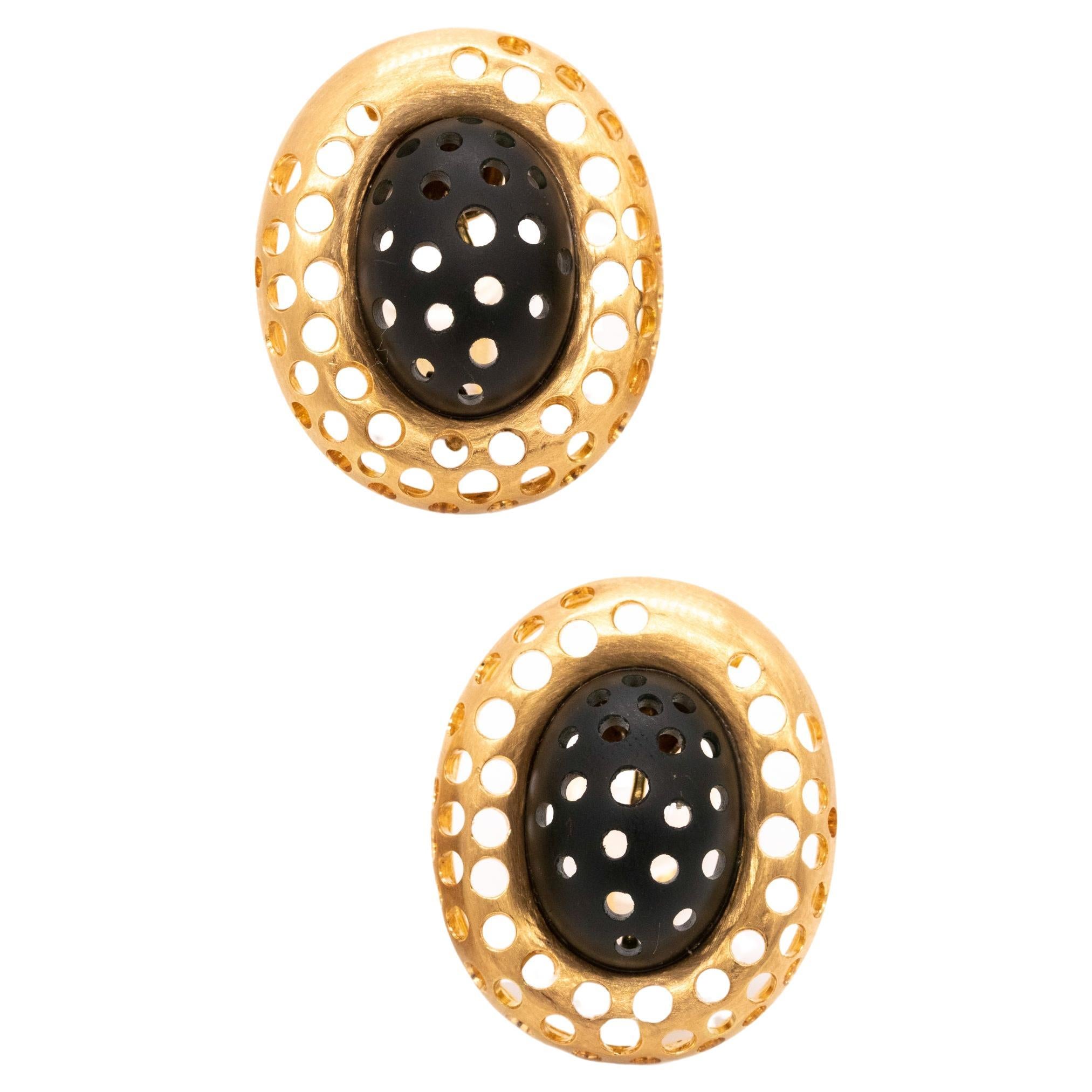Angela Cummings Studios 1984 Clips Earrings in 18Kt Yellow Gold with Black Jade  For Sale