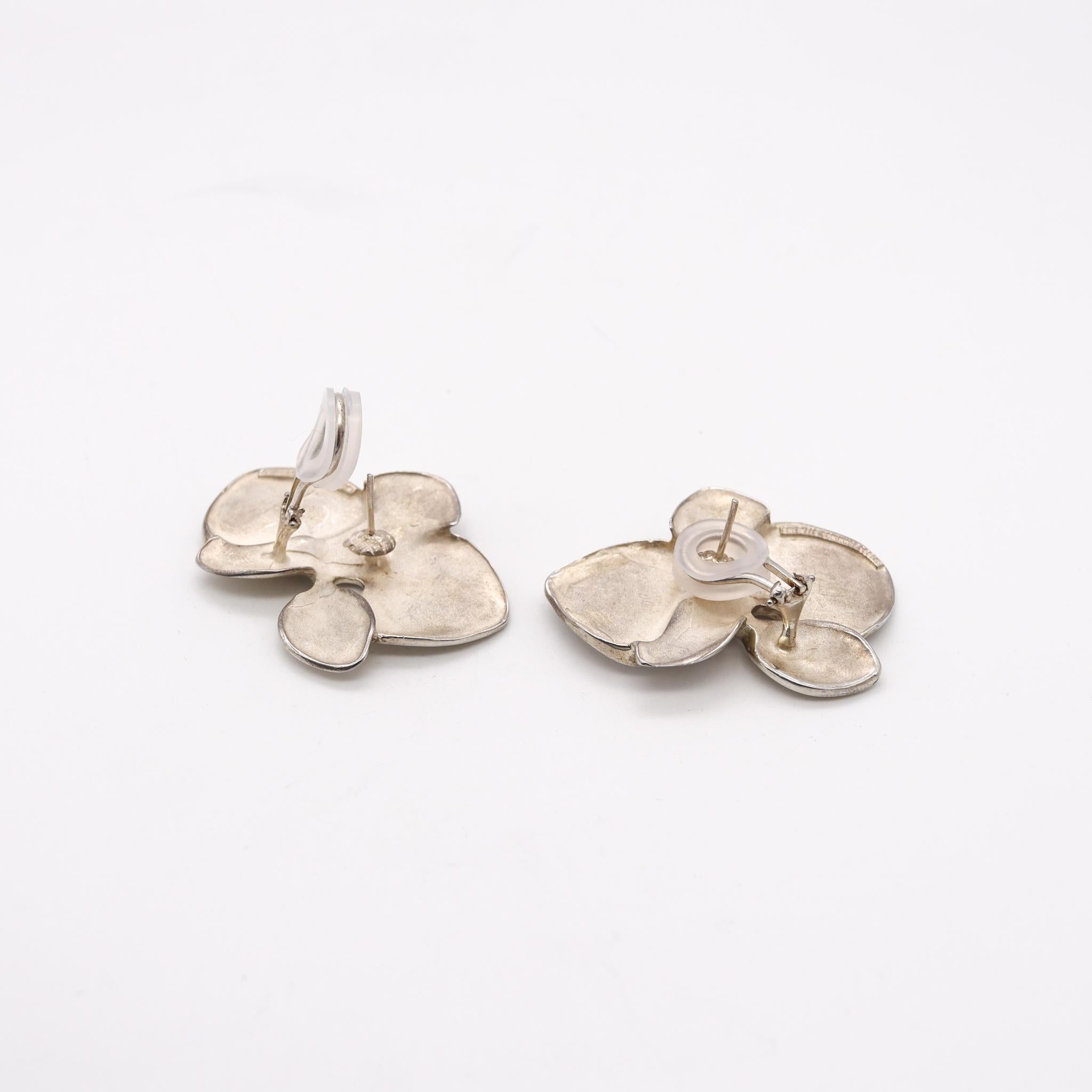 Modernist Angela Cummings Studios 1984 Rare Sculptural Orchids Earrings In .925 Sterling  For Sale