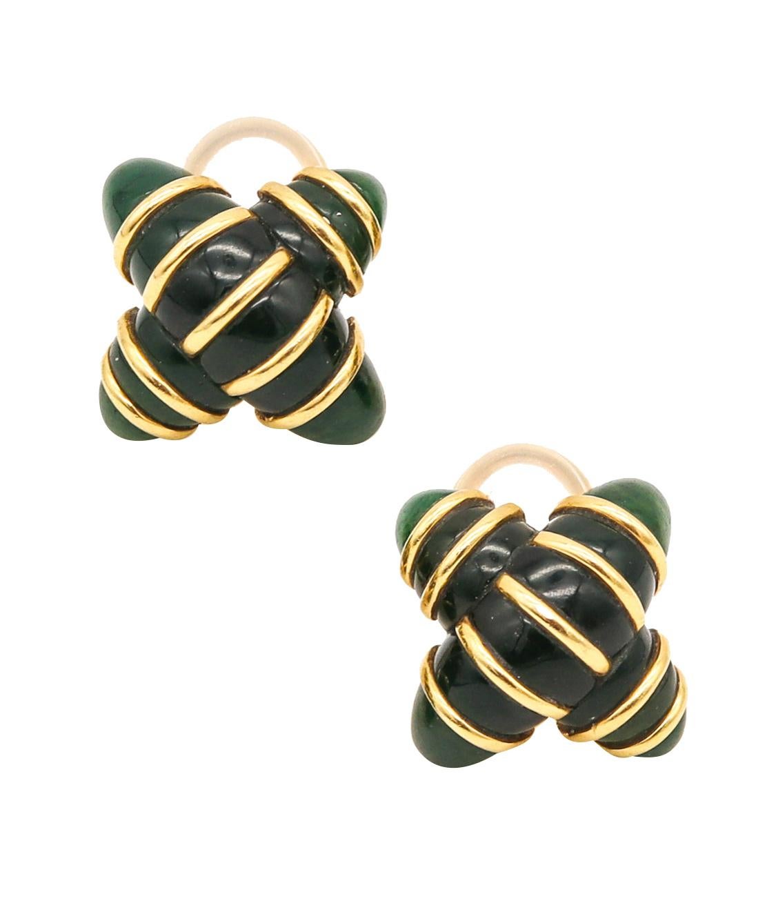 Angela Cummings Studios Criss Cross Clip Earrings in 18kt Gold with Green Jade