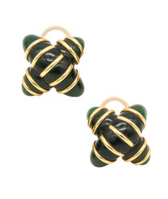 Vintage Angela Cummings Studios Criss Cross Clip Earrings in 18kt Gold with Green Jade