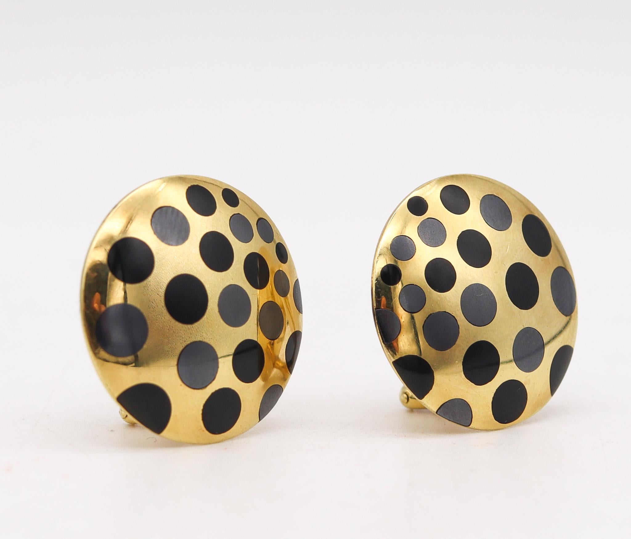 Modernist Angela Cummings Studios Geometric Clip Earrings 18Kt Gold with Inlaid Black Jade For Sale