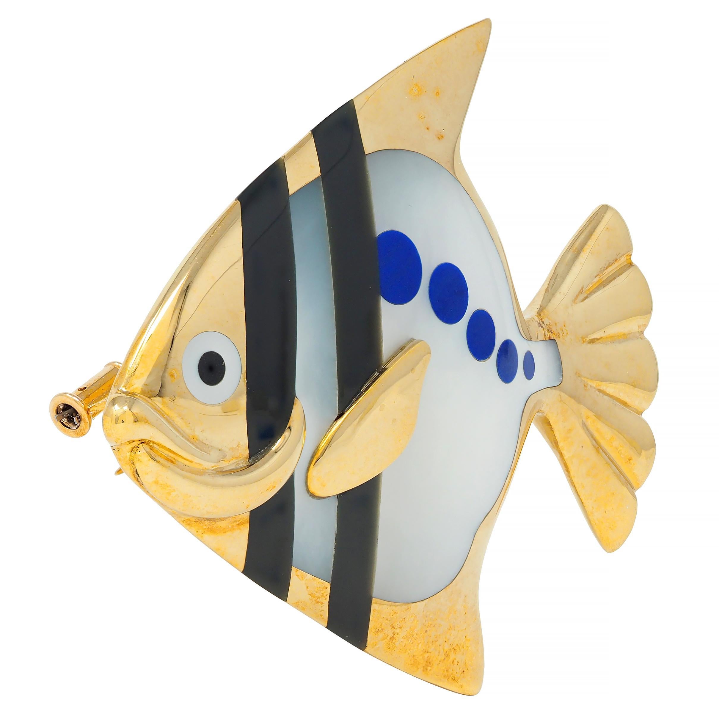 Round Cut Angela Cummings Tiffany & Co. 1970 Inlaid Multi-Gem 18K Gold Angel Fish Brooch