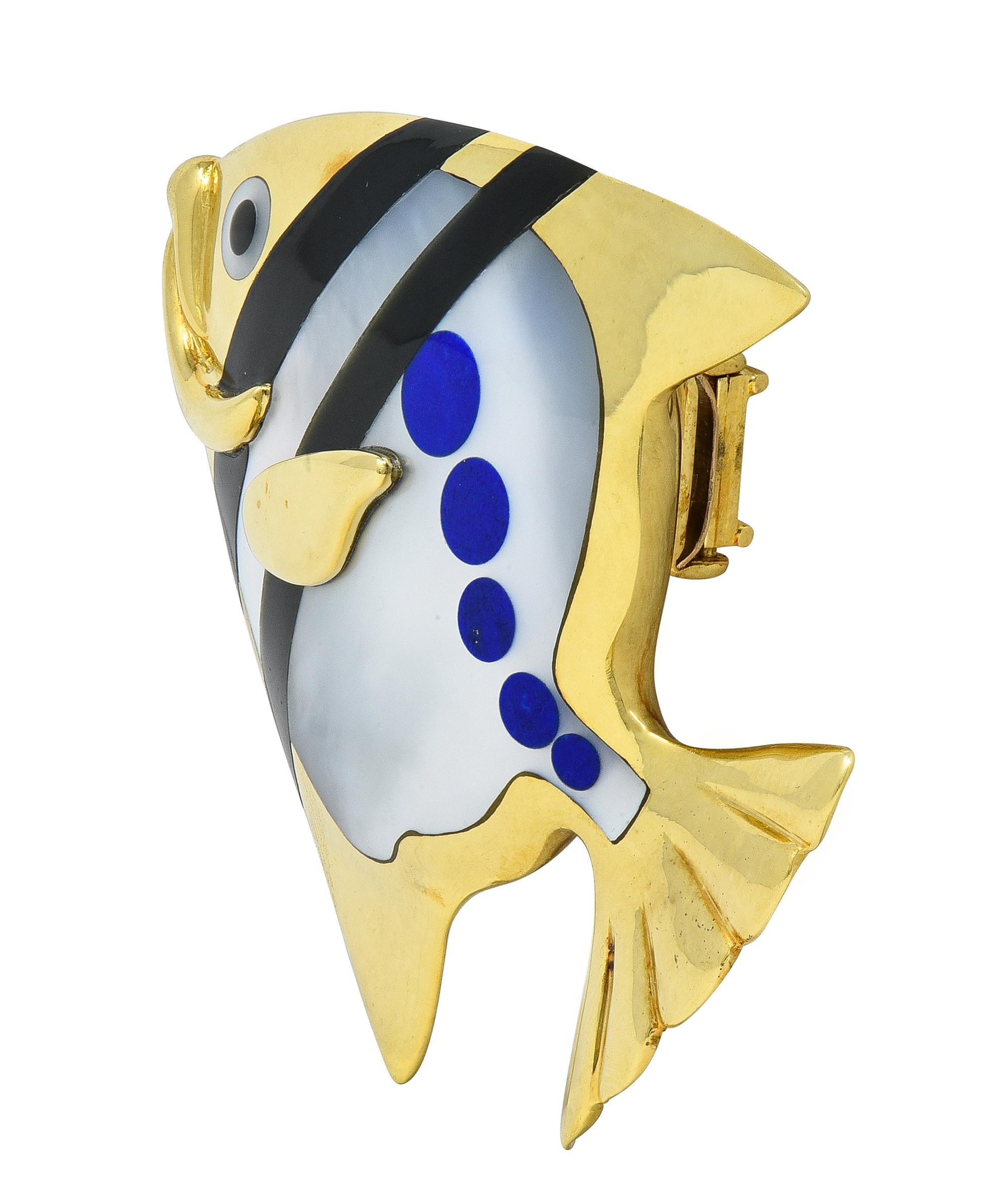 Mixed Cut Angela Cummings Tiffany & Co. 1970 Inlaid Multi-Gem 18K Gold Angel Fish Brooch For Sale
