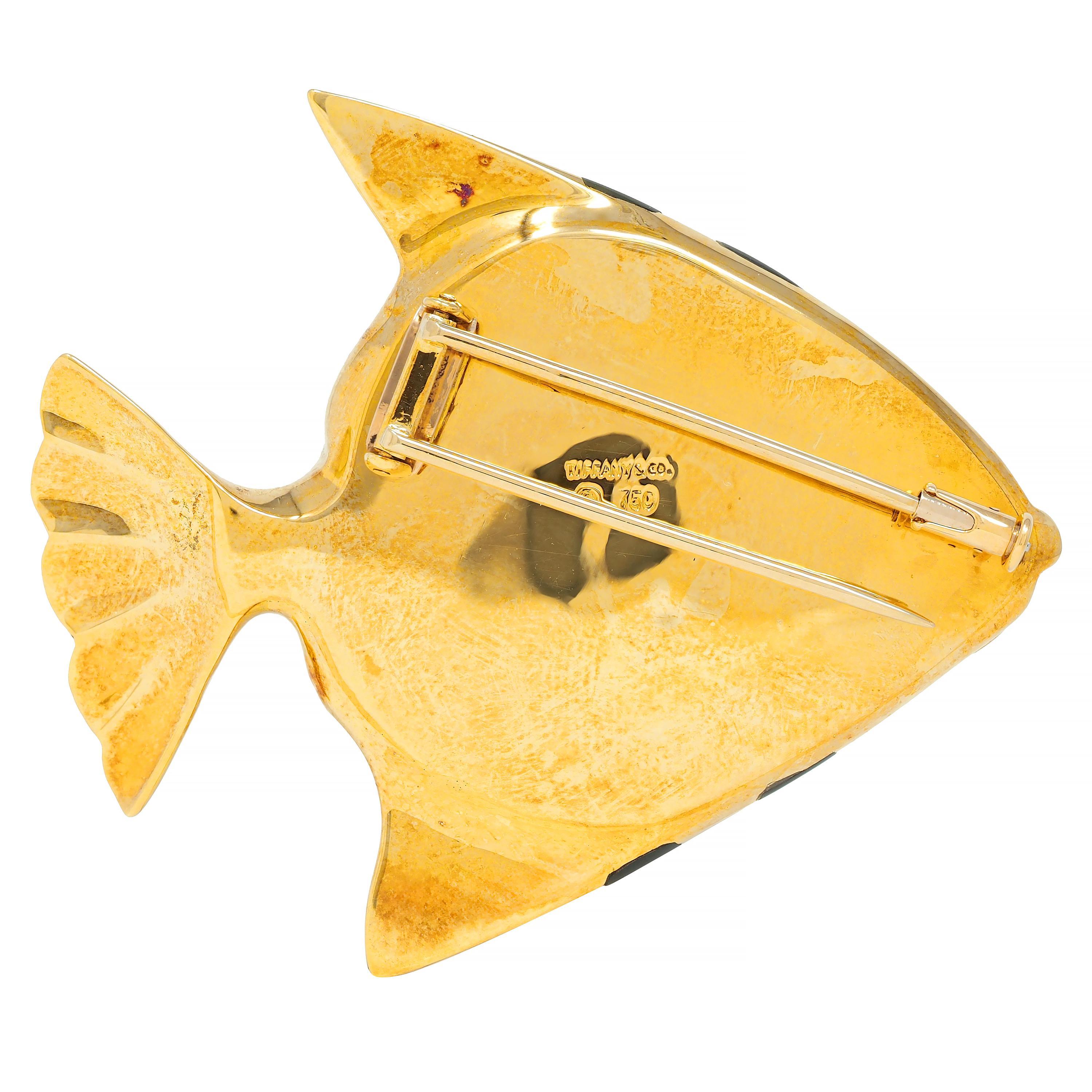 Angela Cummings Tiffany & Co. 1970 Inlaid Multi-Gem 18K Gold Angel Fish Brooch In Good Condition In Philadelphia, PA