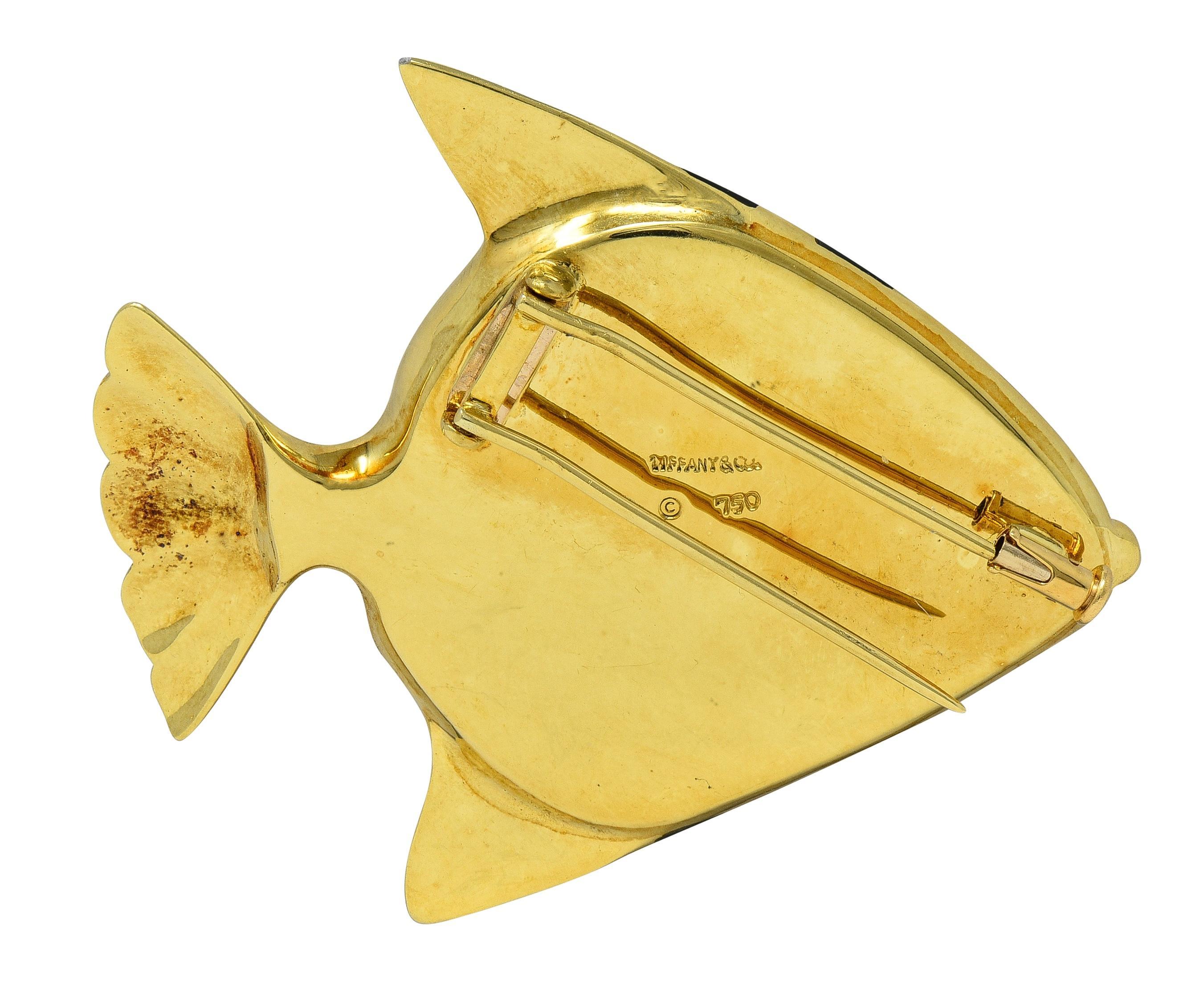 Angela Cummings Tiffany & Co. 1970 Inlaid Multi-Gem 18K Gold Angel Fish Brooch In Excellent Condition For Sale In Philadelphia, PA