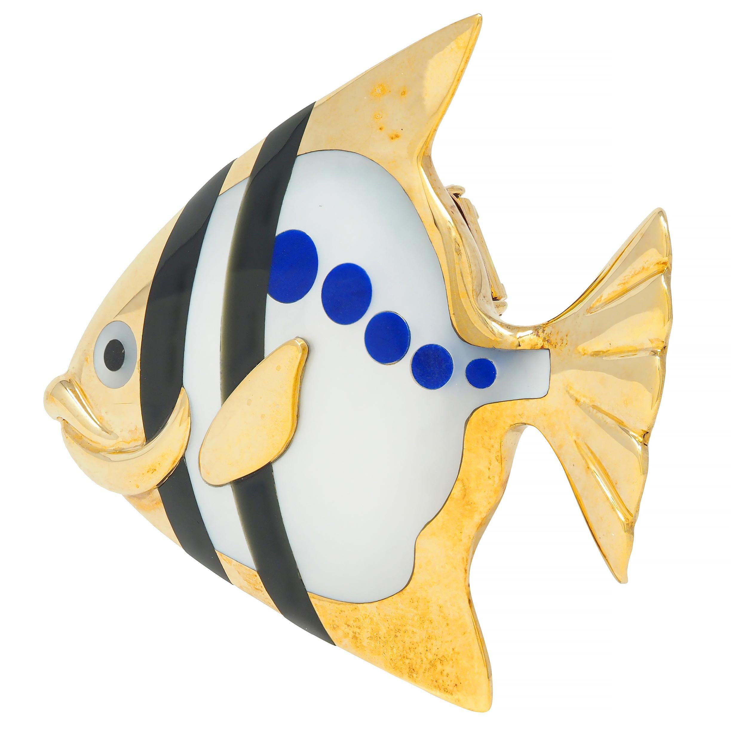 Women's Angela Cummings Tiffany & Co. 1970 Inlaid Multi-Gem 18K Gold Angel Fish Brooch