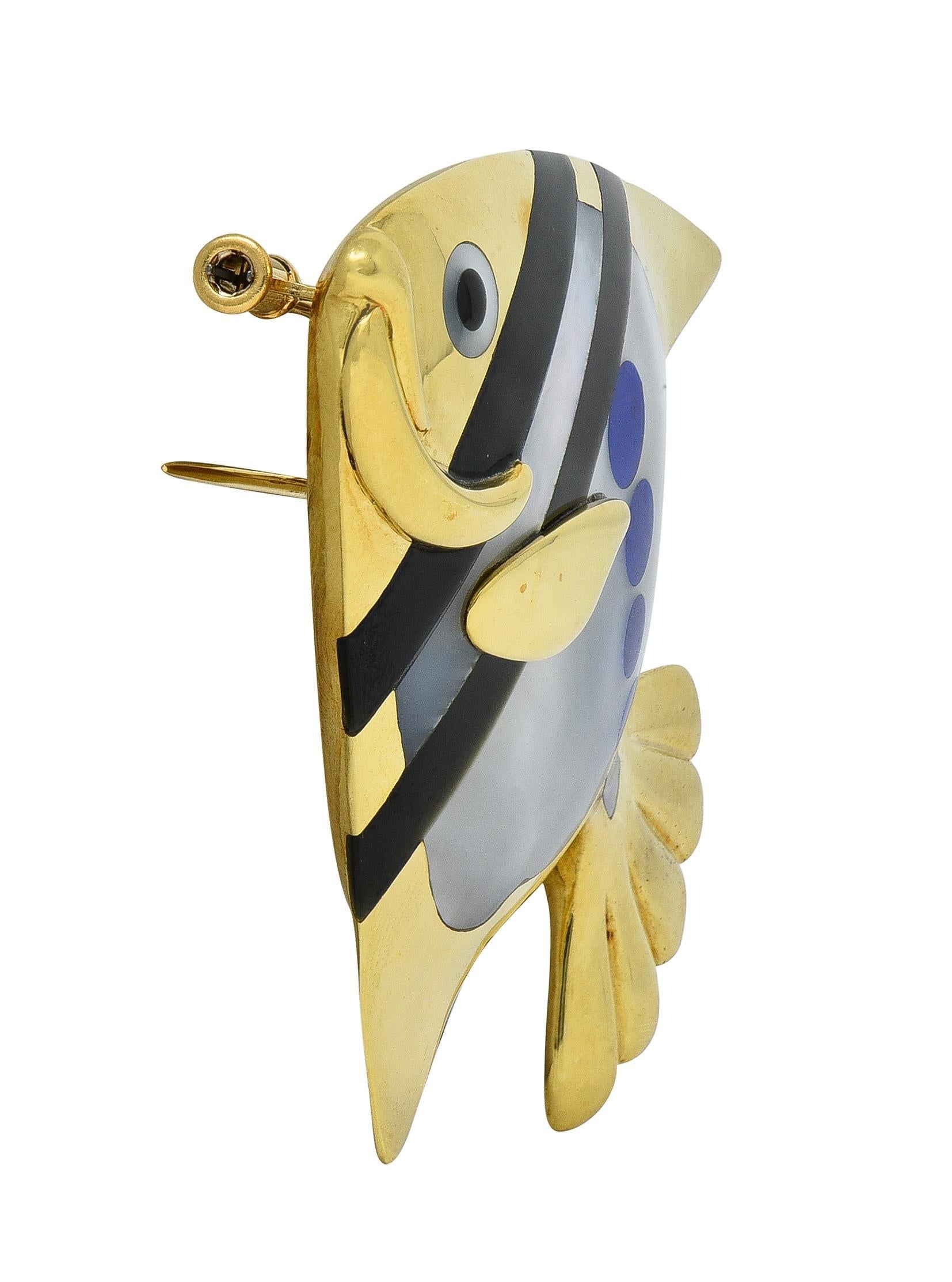Women's Angela Cummings Tiffany & Co. 1970 Inlaid Multi-Gem 18K Gold Angel Fish Brooch For Sale
