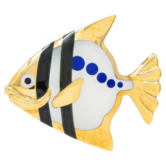 Angela Cummings Tiffany & Co. 1970 Inlaid Multi-Gem 18K Gold Angel Fish Brooch
