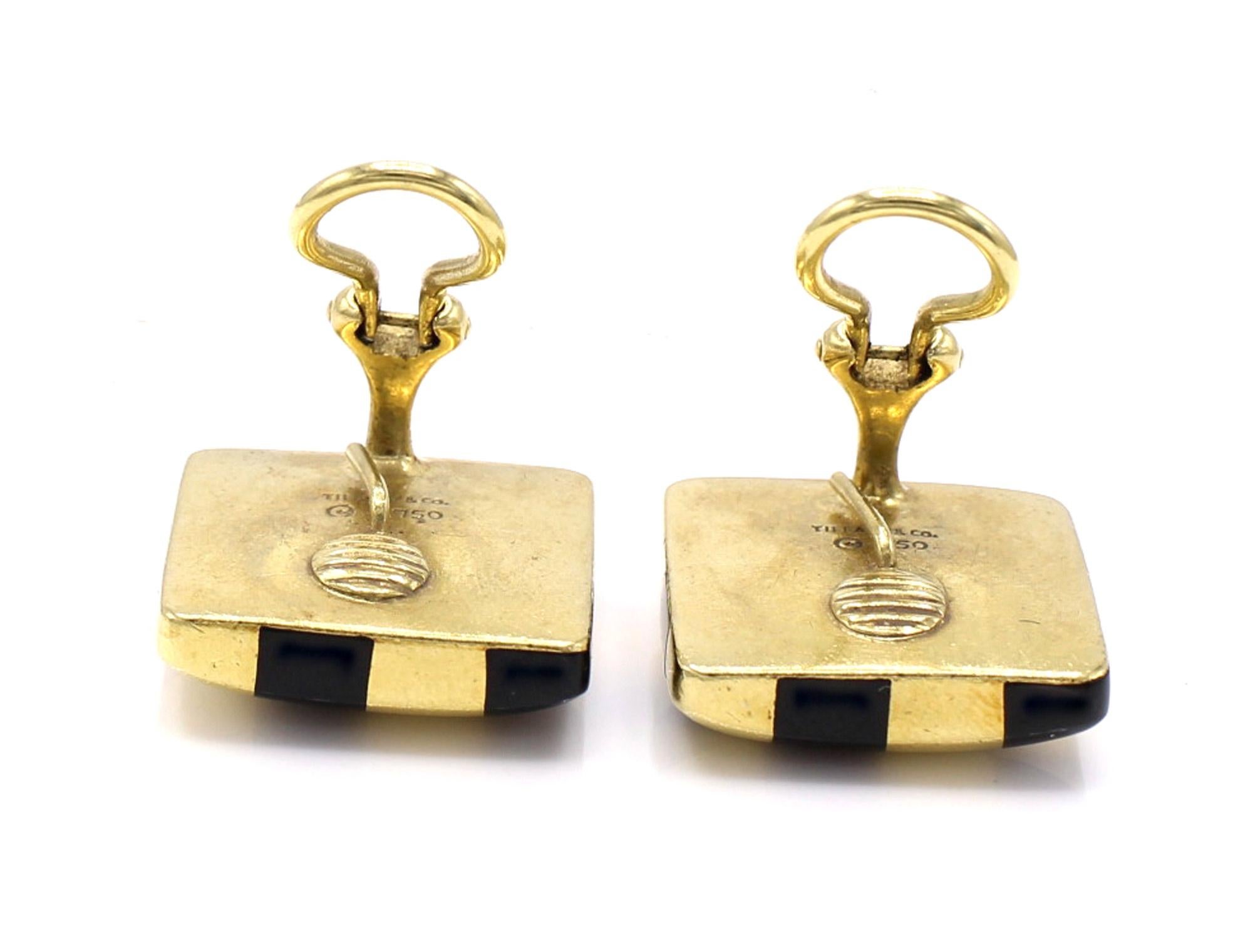 Single Cut Angela Cummings Tiffany & Co. Mother Black Jade 18 K Gold Checkerboard Ear Clips For Sale