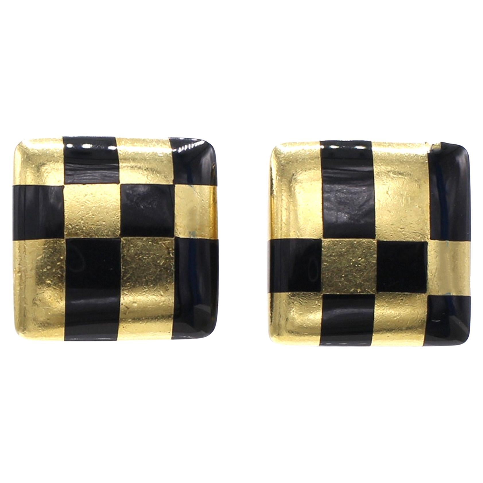 Angela Cummings Tiffany & Co. Mother Black Jade 18 K Gold Checkerboard Ear Clips For Sale