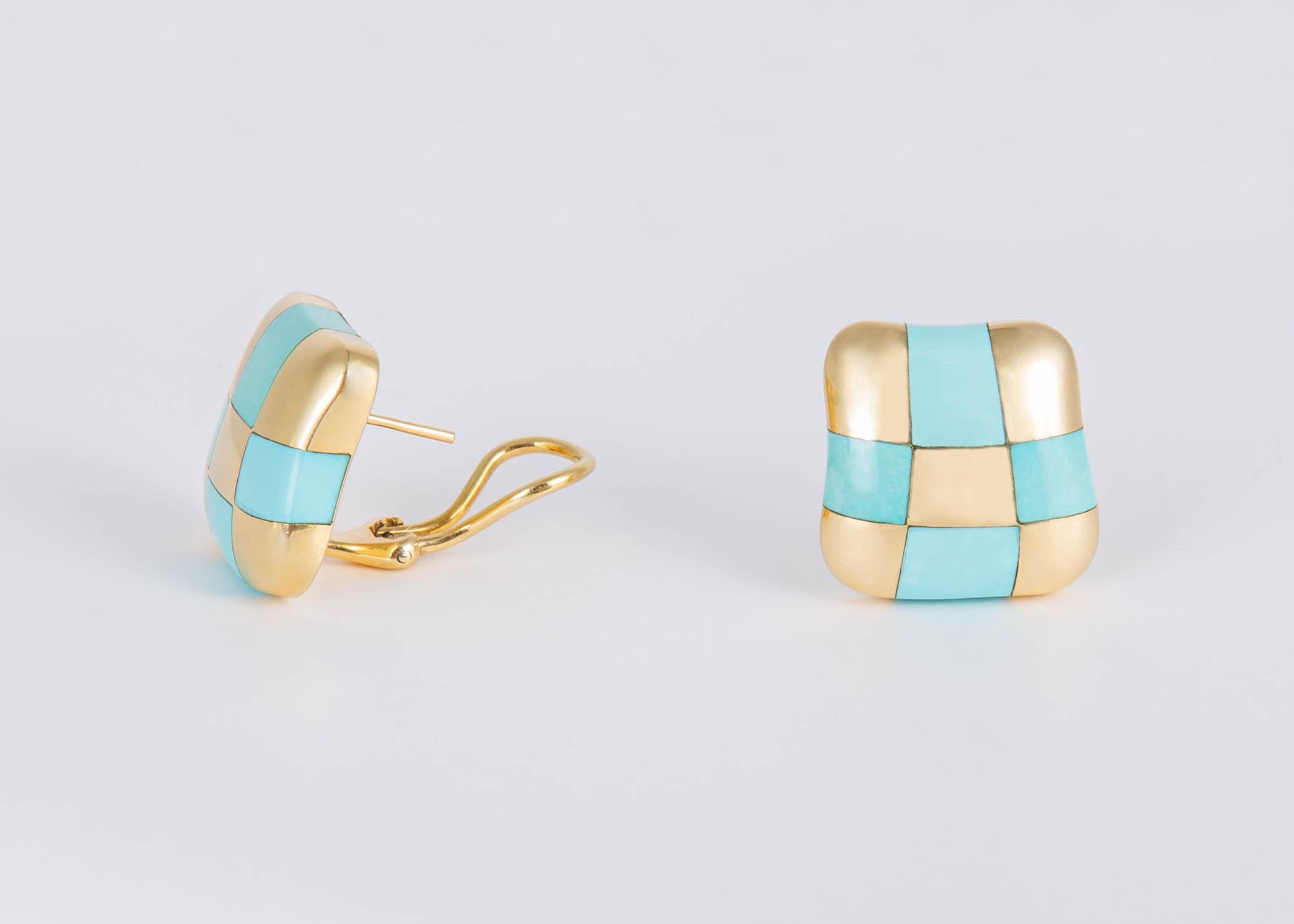 Contemporary Angela Cummings Turquoise and Gold Checker Board Earrings For Sale