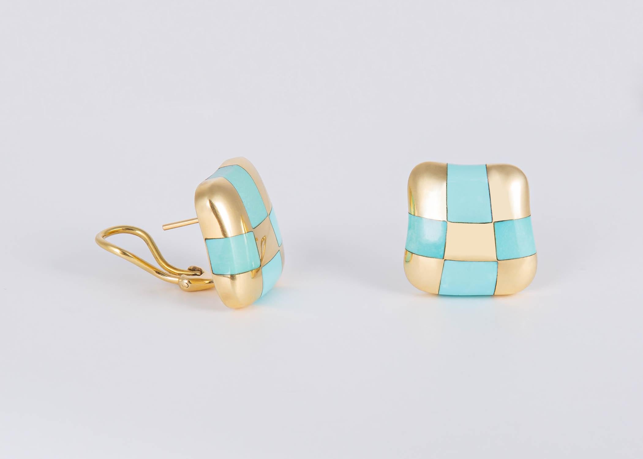 Square Cut Angela Cummings Turquoise and Gold Checker Board Earrings For Sale