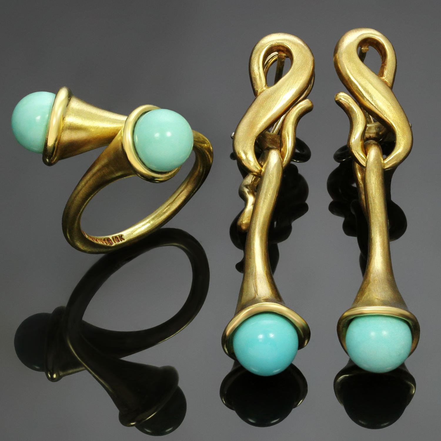 This chic Angela Cummings jewelry set is composed of earrings and a ring crafted in brushed 18k yellow gold and set with 7.0mm - 8.0mm natural turquoise beads. Made in United States circa 1980s. Measurements: 0.38