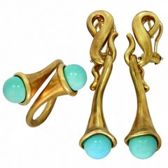 Angela Cummings Turquoise Yellow Gold Earrings and Ring Set