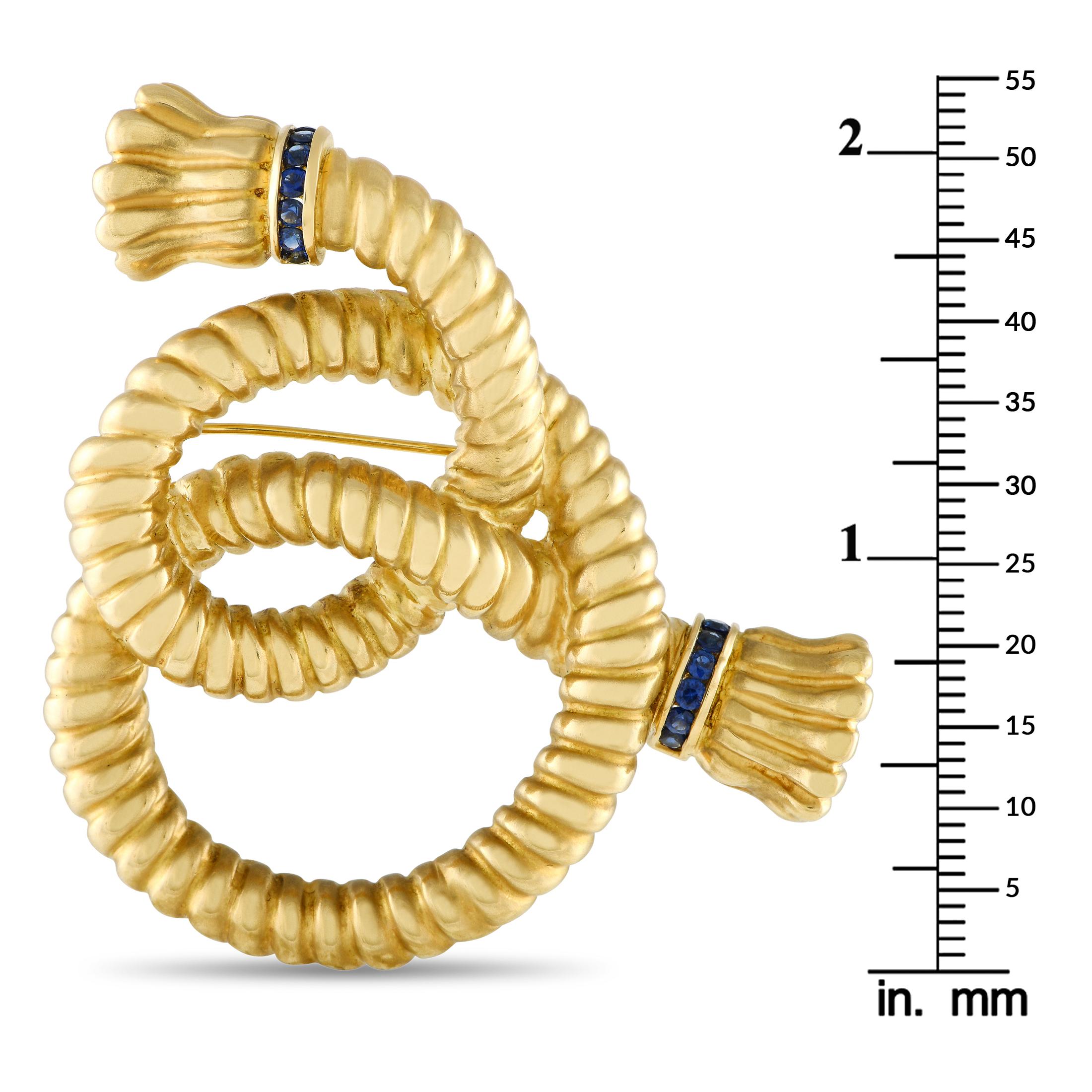 Angela Cummings Vintage 18k Yellow Gold Sapphire Rope Knot Brooch In Excellent Condition For Sale In Southampton, PA