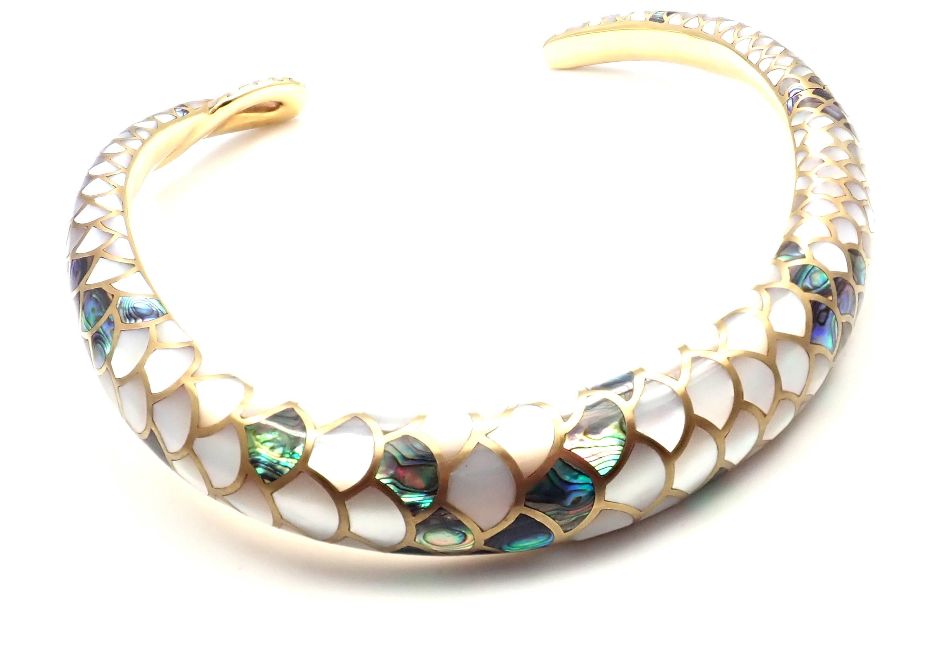 18k Yellow Gold Inlaid White And Green Mother Of Pearl Snakeskin Collar Necklace 
by Angela Cummings. 
With Inlaid white and green mother of pearl to resemble snakeskin.
This necklace was featured in Angels Cummings booklet.
Details: 
Weight: 131.2