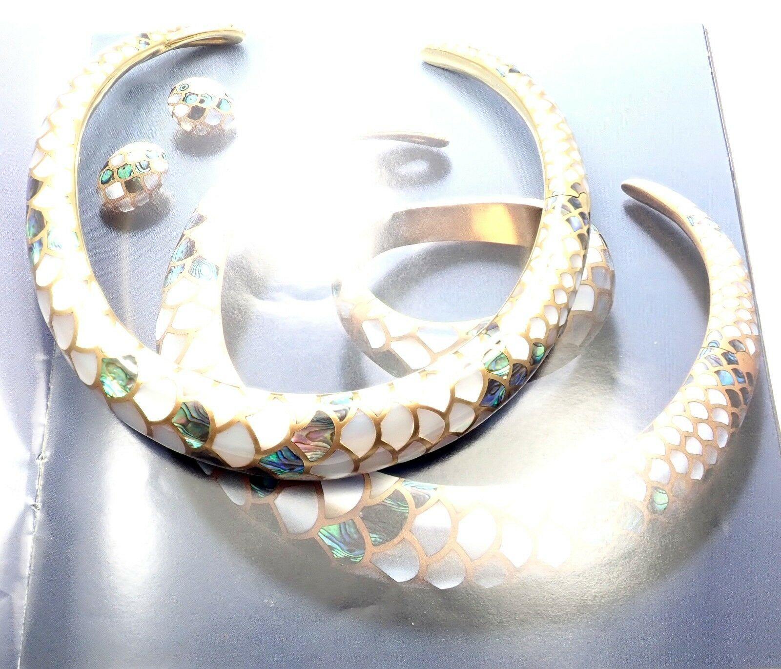 Angela Cummings White and Green Mother of Pearl Snakeskin Gold Collar Necklace 2