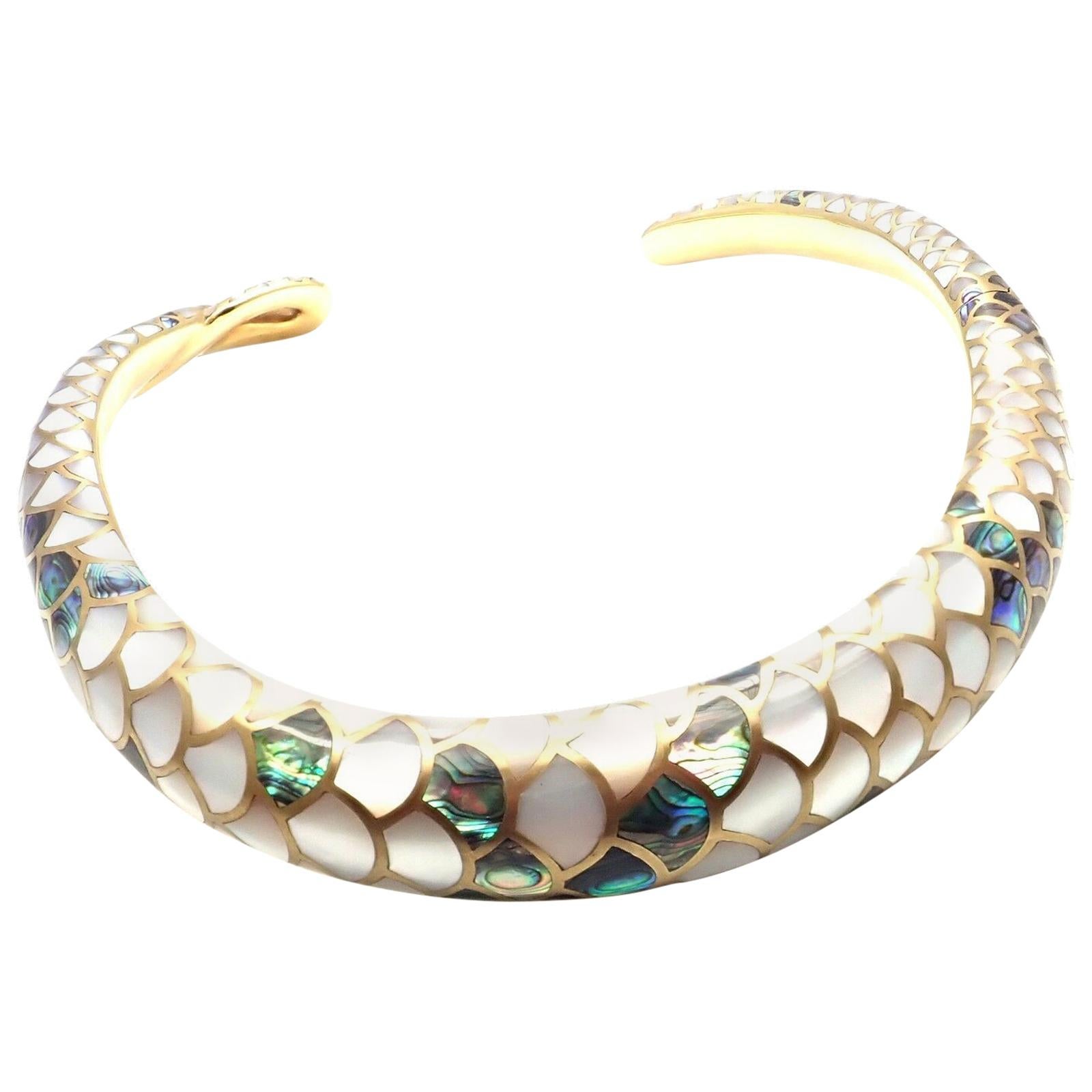 Angela Cummings White and Green Mother of Pearl Snakeskin Gold Collar Necklace