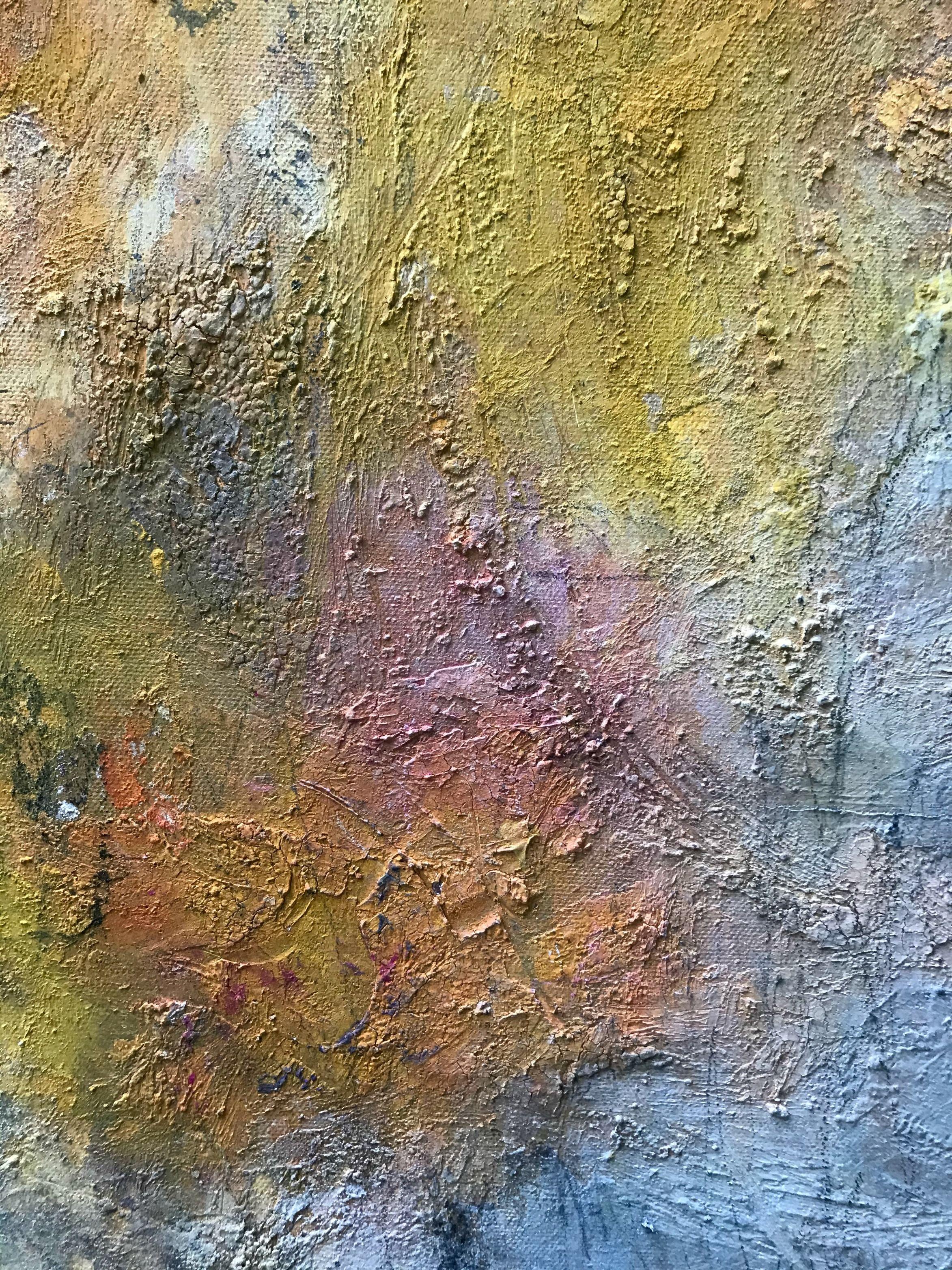 This painting was inspired by mood rather than imagery. I experimented with textures and structure in this work. Many layers of natural material including marble dust and pigments was built up with washes of paint running into the crevices and