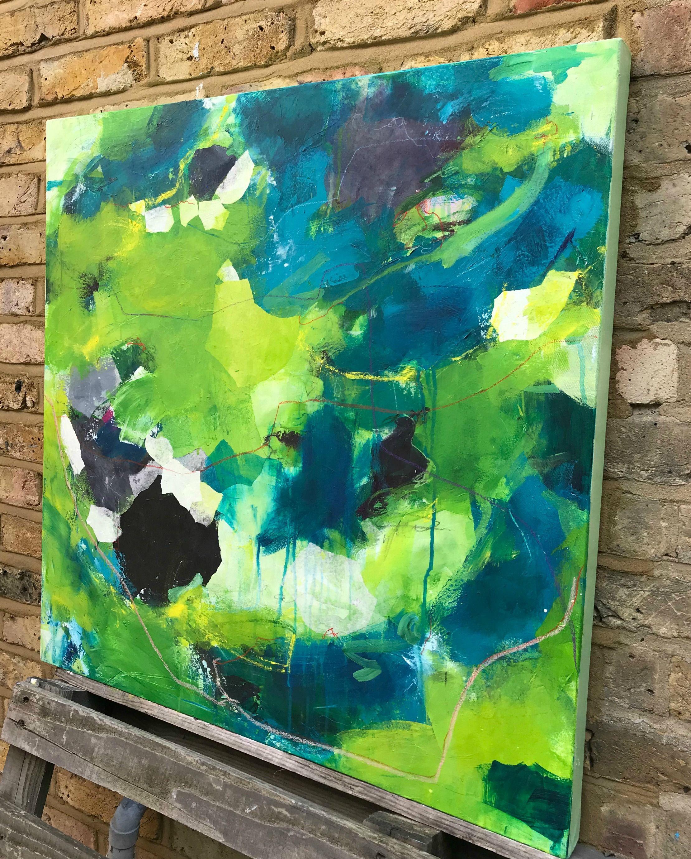 Around the Lake, Painting, Acrylic on Canvas - Green Abstract Painting by Angela Dierks