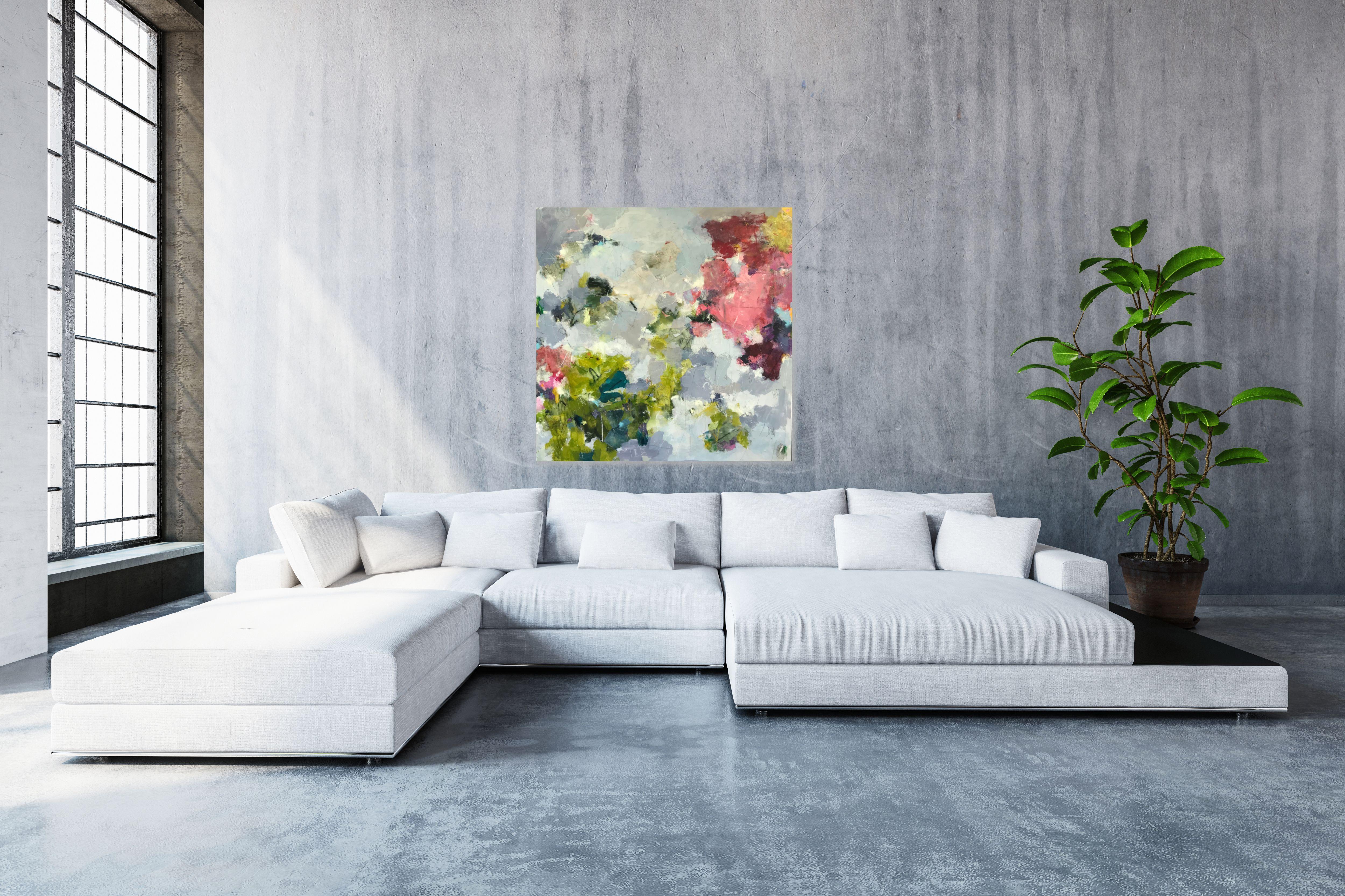 This beautiful, soft and calm abstract floral painting grew out of a slow process; it was built over many layers of paint creating a beautiful deep texture. The starting point for this piece has been the colour scheme of fresh and lush greens, soft