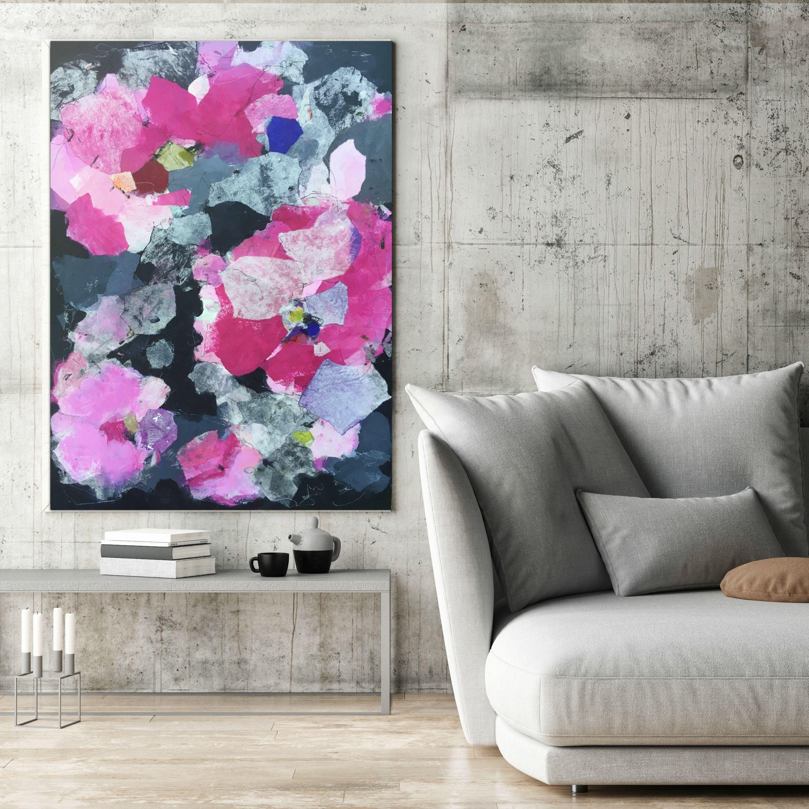 This painting was inspired by a walk around my neighbourhood at dusk. Many gardens had beautiful camellias in a variety of colours in bloom.    I enjoyed playing with shapes, values and colour in relationship to each other painting layer over layer