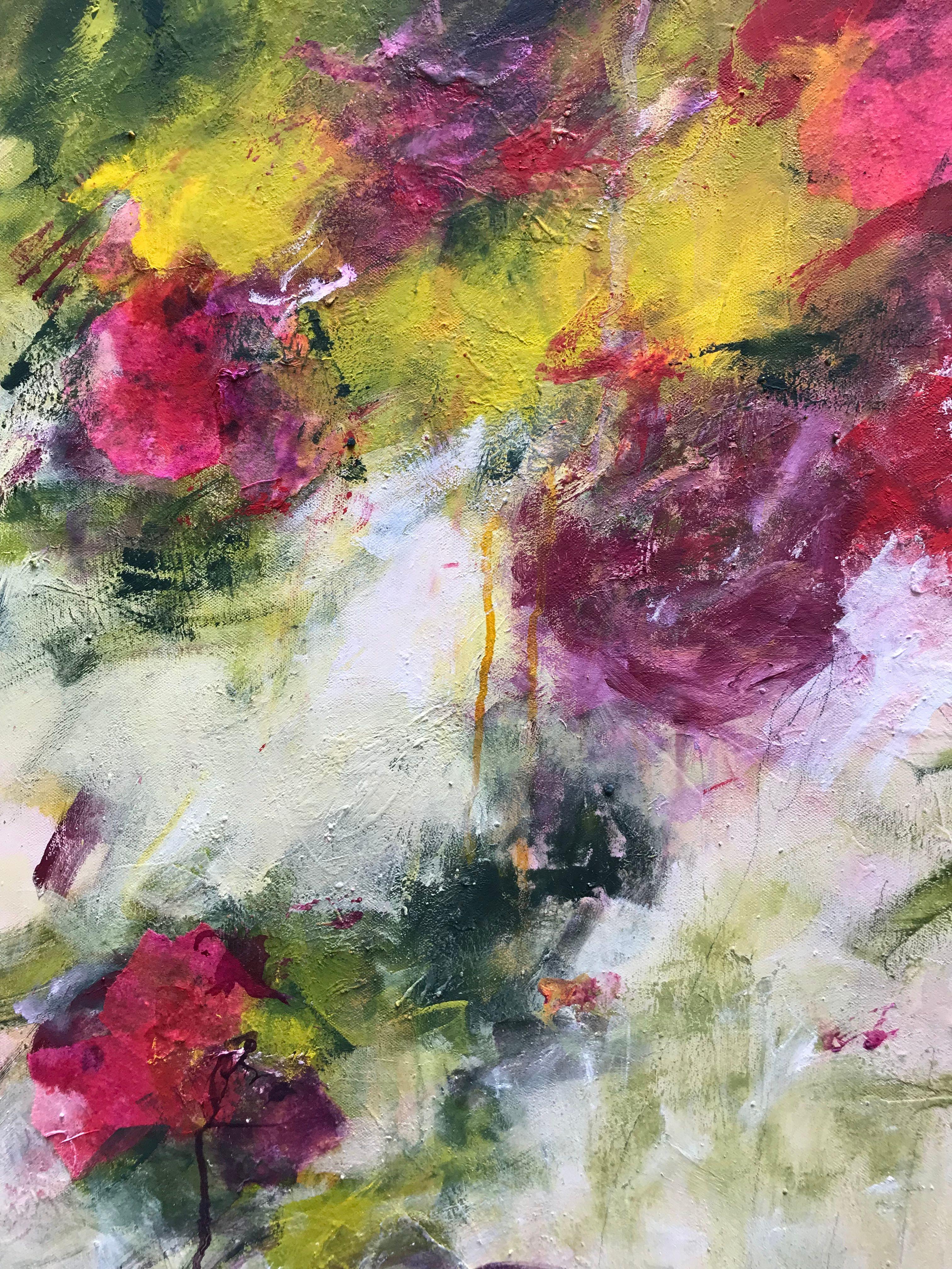 This beautifully dynamic piece was inspired by my imminent wedding. It is a celebration of joy.    The painting has been built over many layers of paint. I enjoyed bold brush strokes and more detailed mark making in this piece. I mixed my own paint