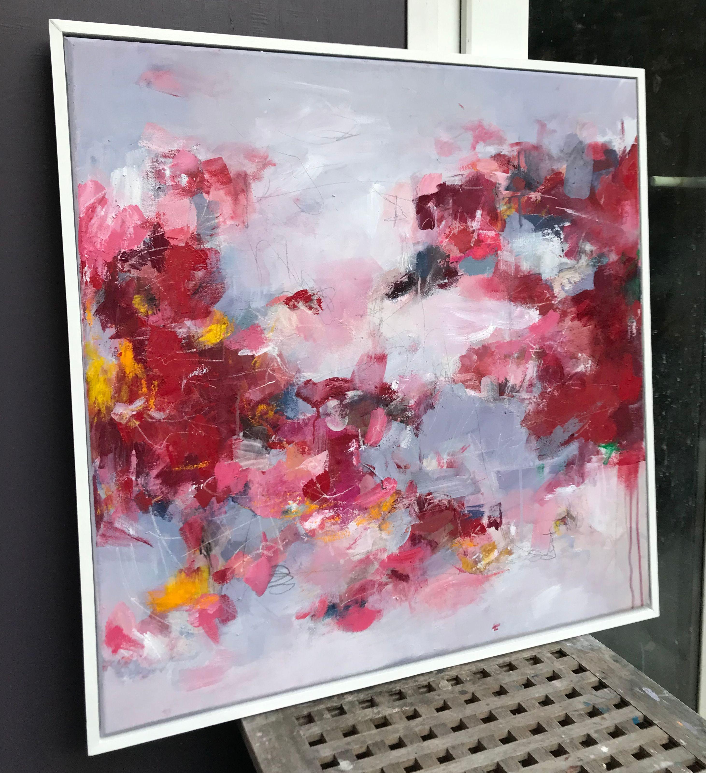 This vibrant, large abstract painting grew out of a slow process; it was built over many layers of paint creating a beautiful deep texture. The starting point for this piece has been the colour scheme of strong reds. The playfulness of the painting
