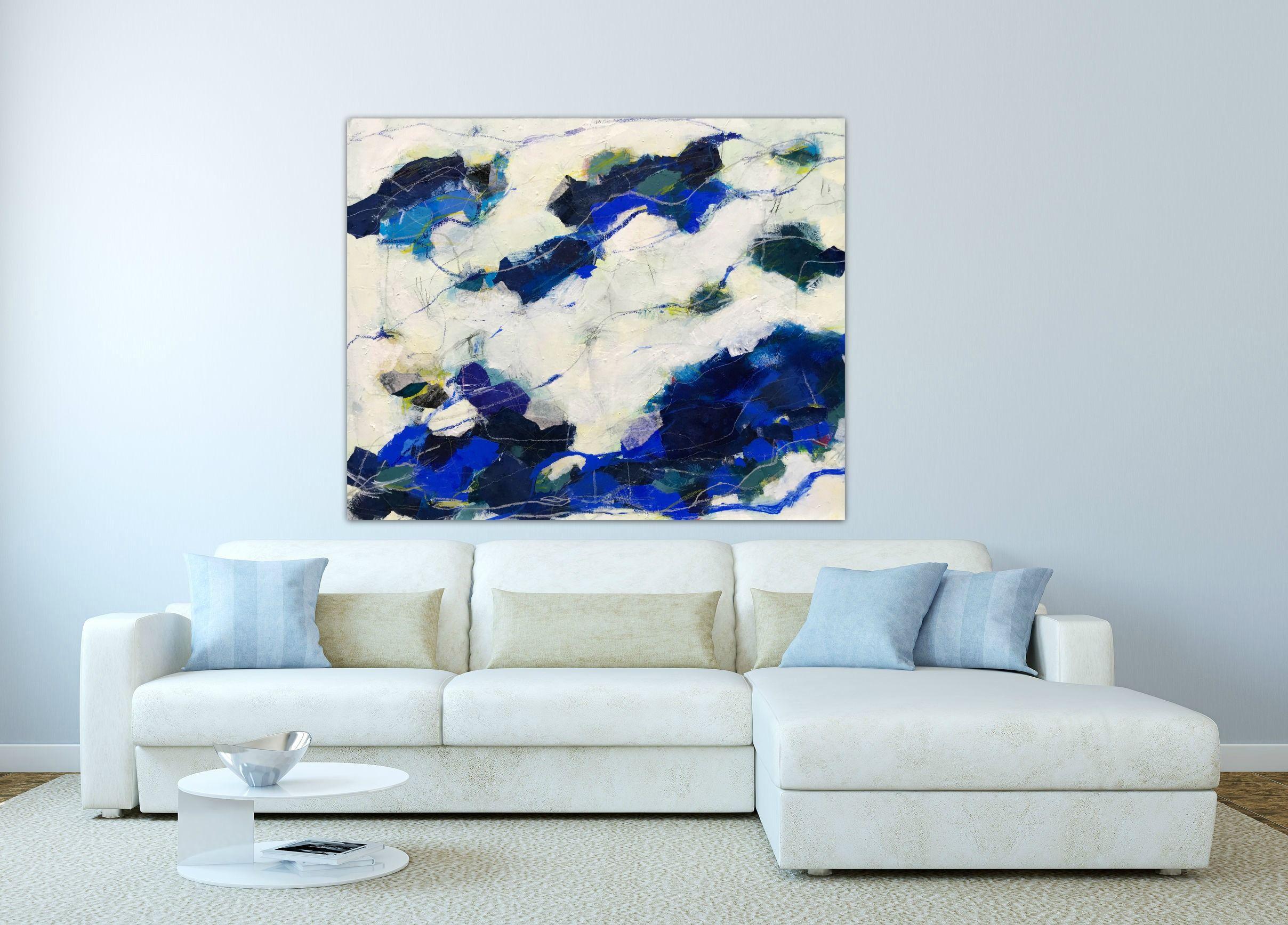 This beautifully dynamic piece with striking ultramarine pigment is attempting to reflect the moment of gliding into cool water, just breathing in and out, and noticing the cool water on the skin.    The painting has been built over many layers of