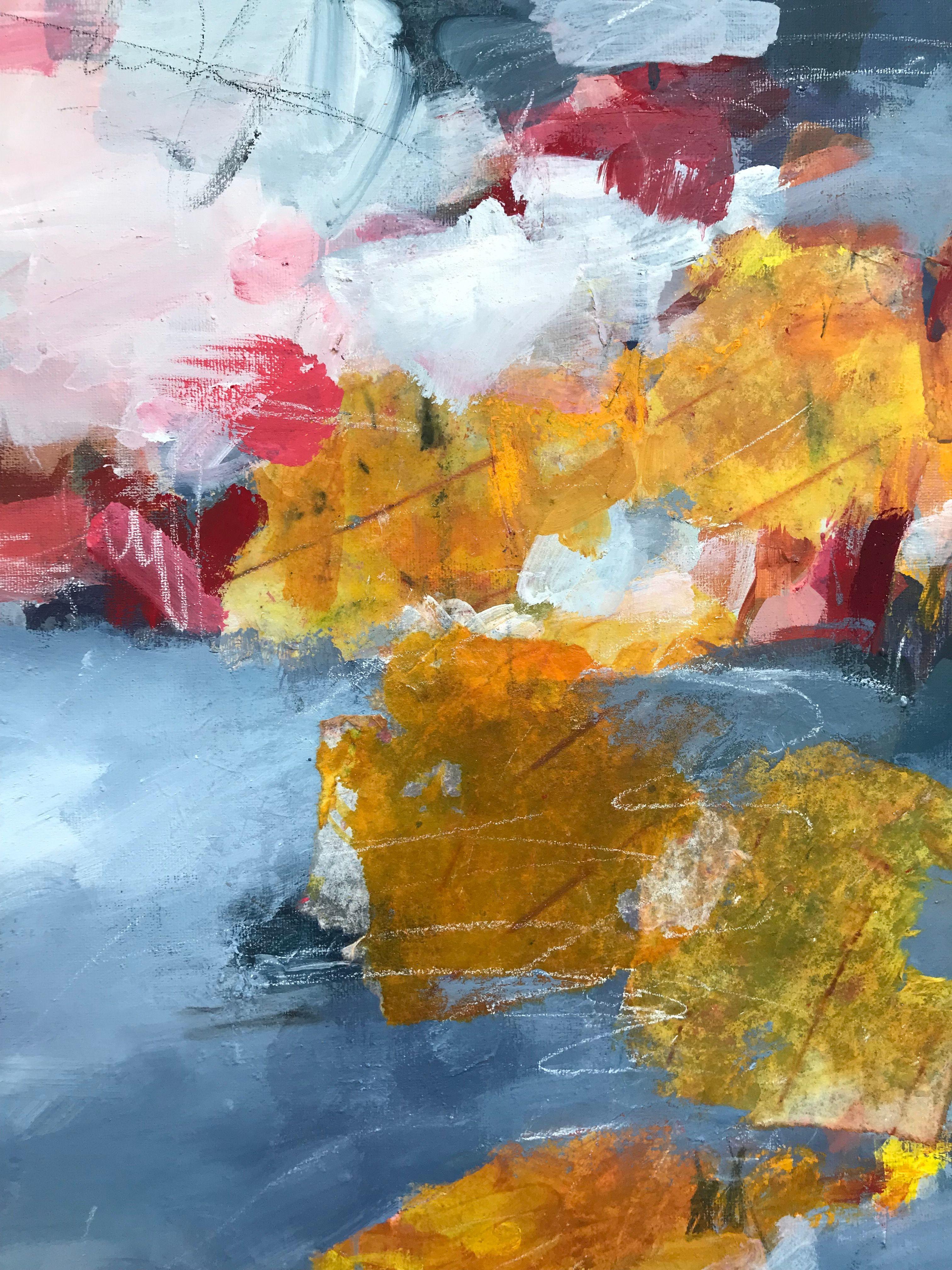 Questo dipinto astratto vibrante e di grandi dimensioni è nato da un processo lento; è stato costruito su molti strati di pittura creando una bellissima texture profonda. Il punto di partenza per questo pezzo è stata la combinazione di colori con