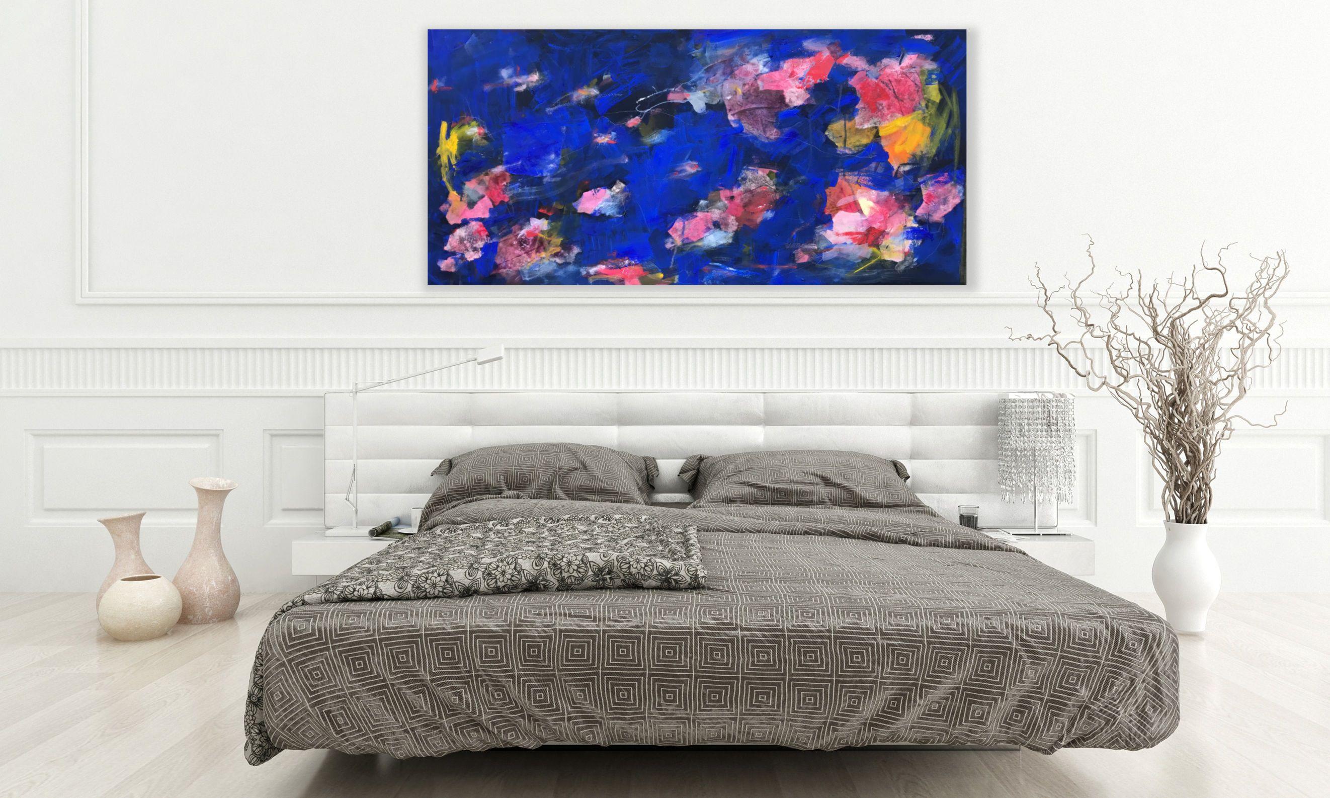 This beautifully vibrant floral abstract piece has been influenced by mood rather than imagery. Like all of my work it grew out of a process, where I am largely guided by the emerging painting. My starting point and guiding principle is colour. In