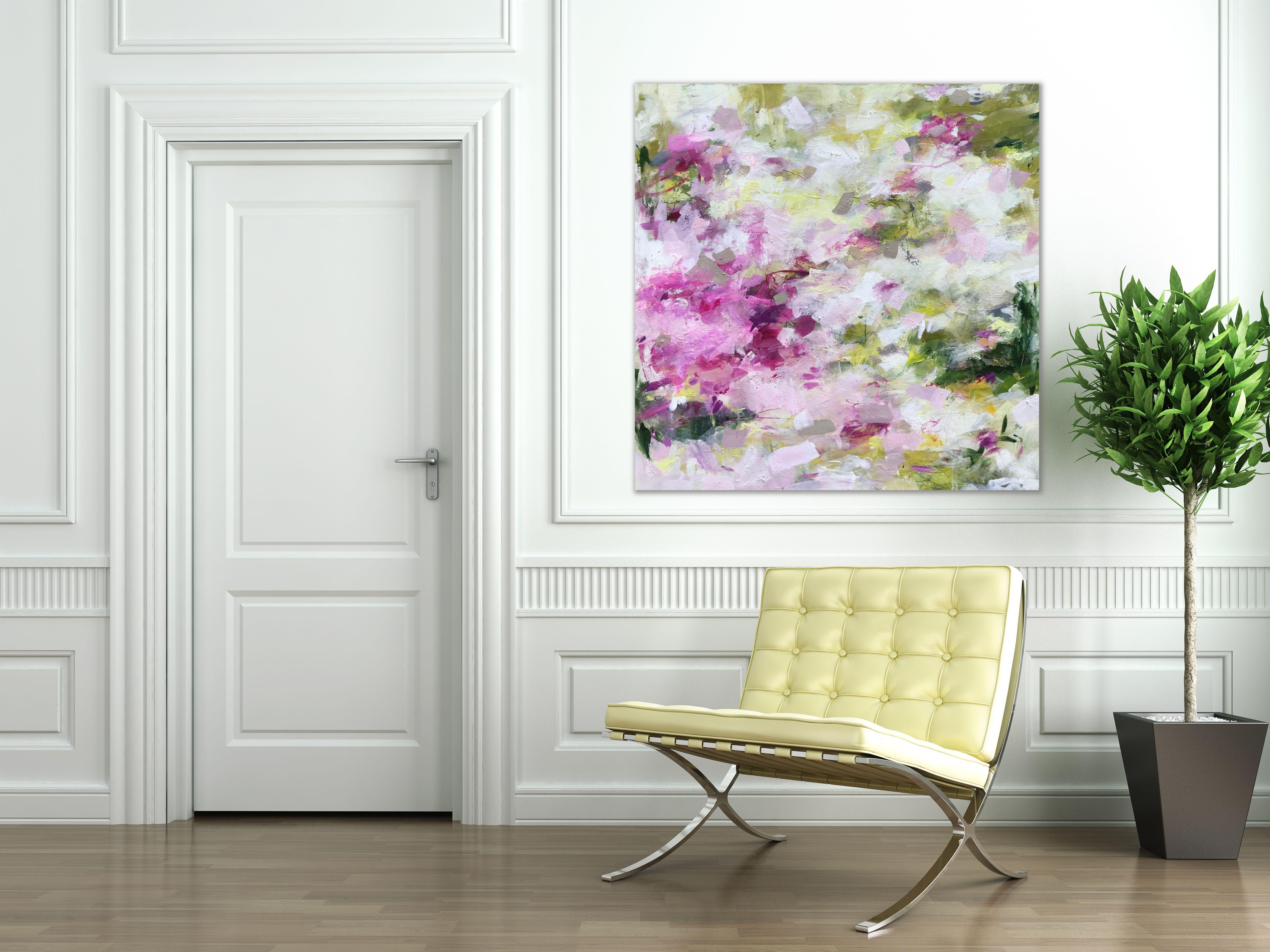 This beautifully vibrant and uplifting painting has been built over many layers of paint and grew out of a slow process. Its palette attempts to capture the notion of freshness and vibrancy that abounds in summer with flowers opening to greet the