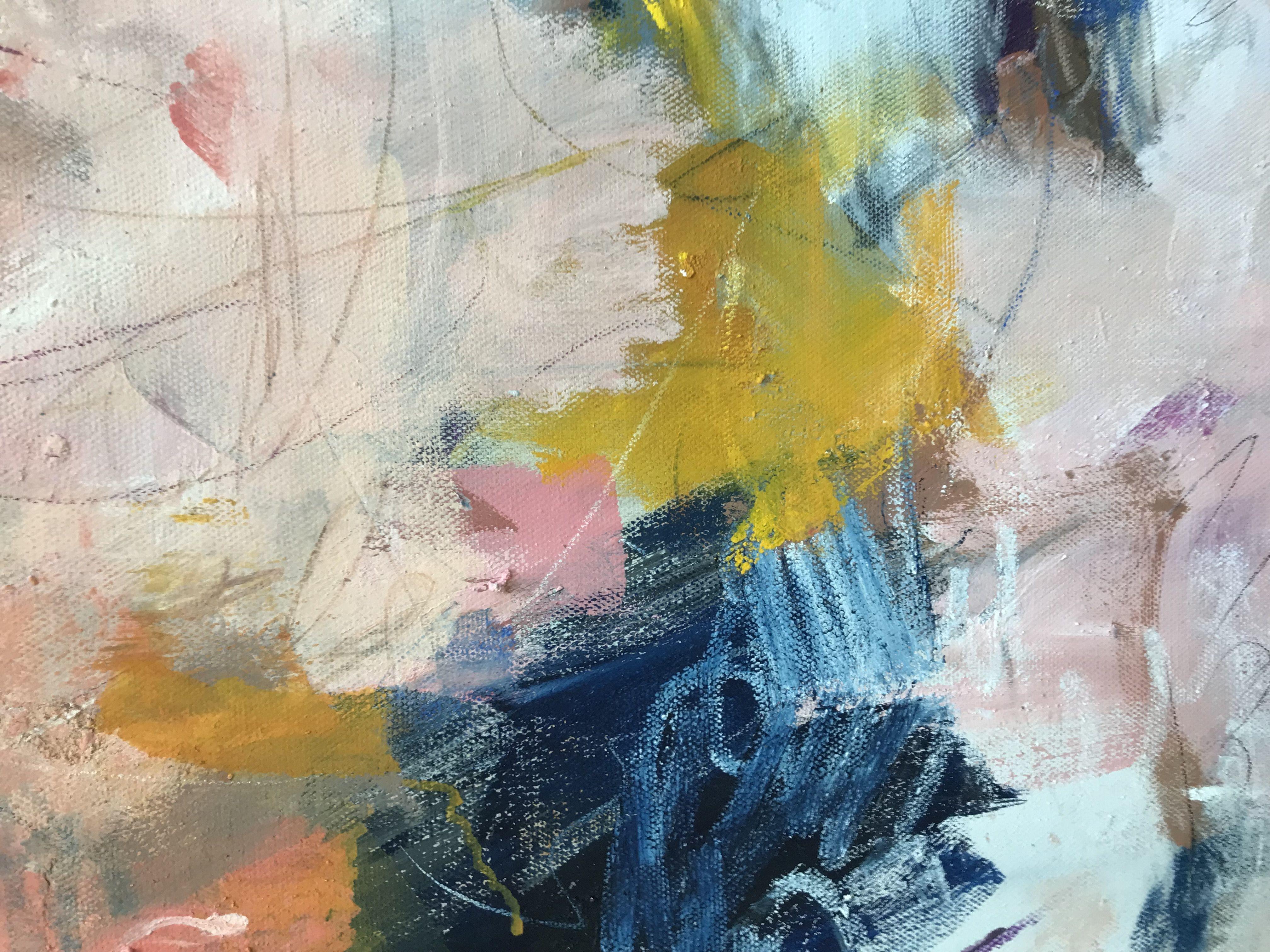 Questo dipinto è stato costruito con molti strati sottili di pittura ed è nato da un processo lento. Il punto di partenza per questo pezzo è stato lo schema di colori tenui. La sua tavolozza cerca di catturare un'atmosfera di sogno e leggerezza.   