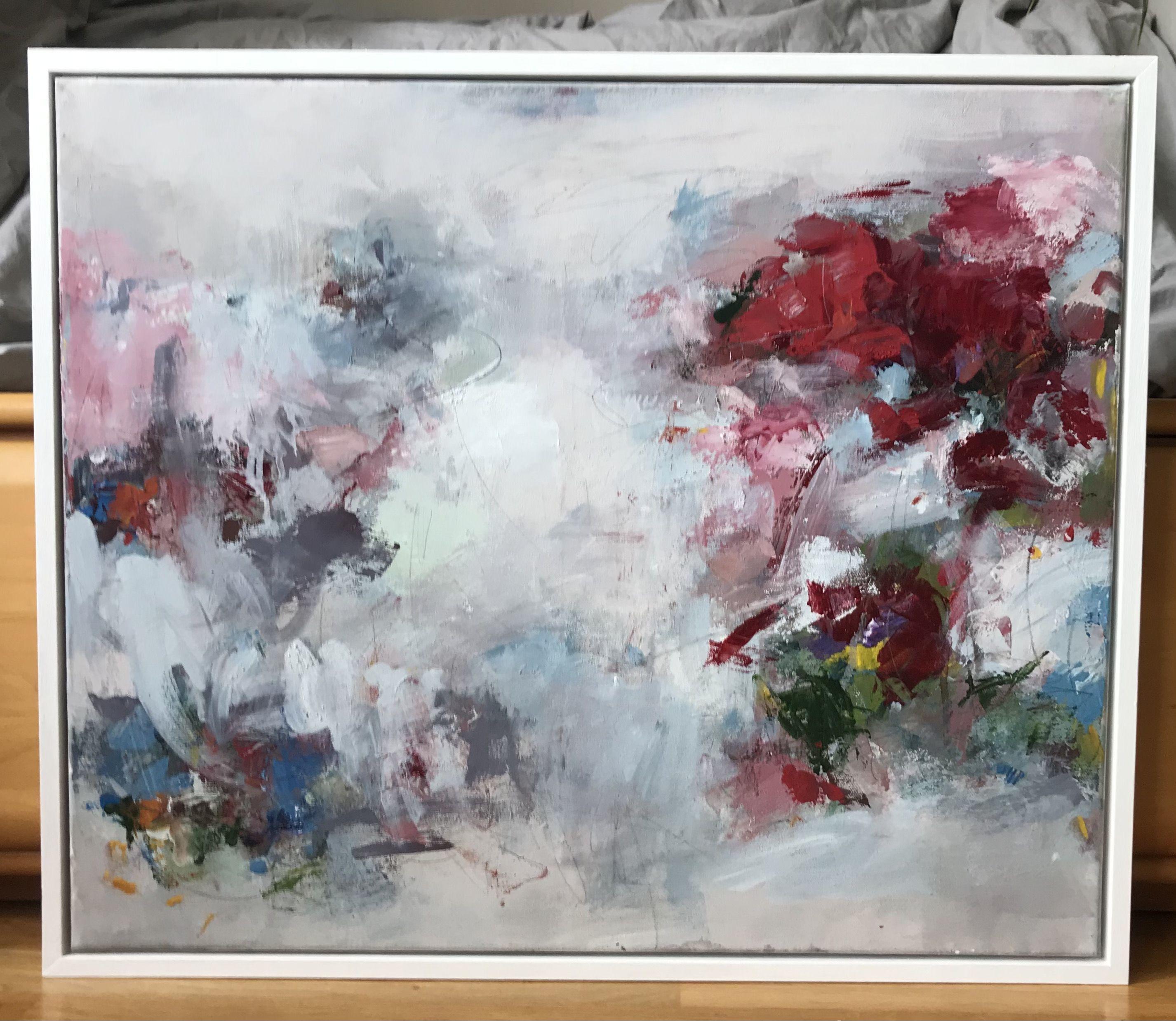 This intriguing abstract floral painting grew out of a slow process; it was built over many layers of paint creating a beautiful deep texture. The starting point for this piece has been the colour scheme of beautiful reds, blues and greens. This