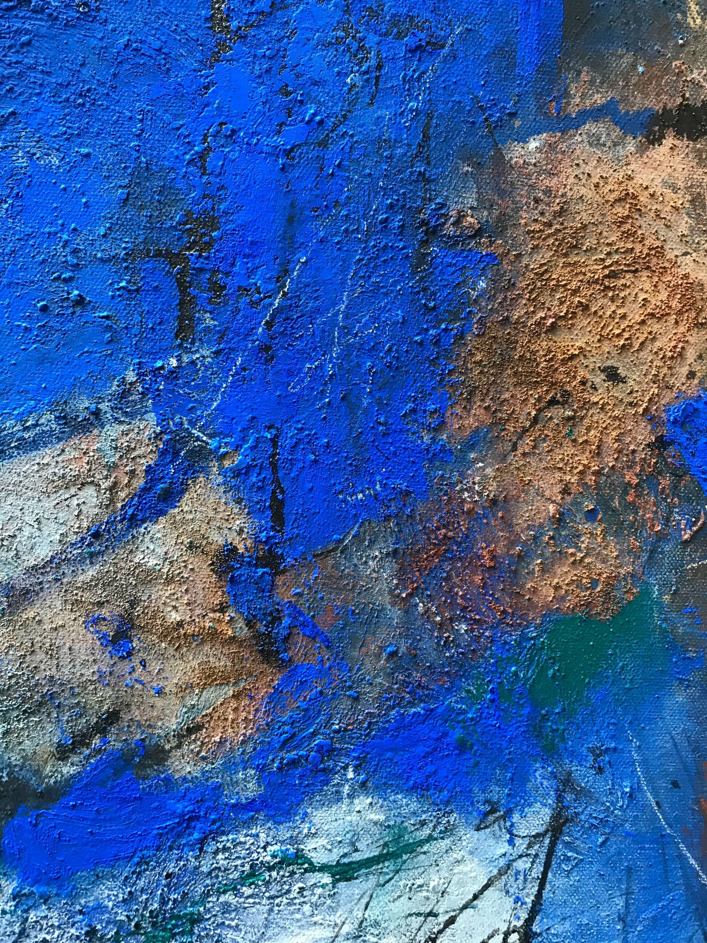 A large, stunningly textured painting with rust and pigments that would be a statement piece on a large wall. This work was guided by intuition, reflecting processes in nature in the creative process of making this painting. Structures were created