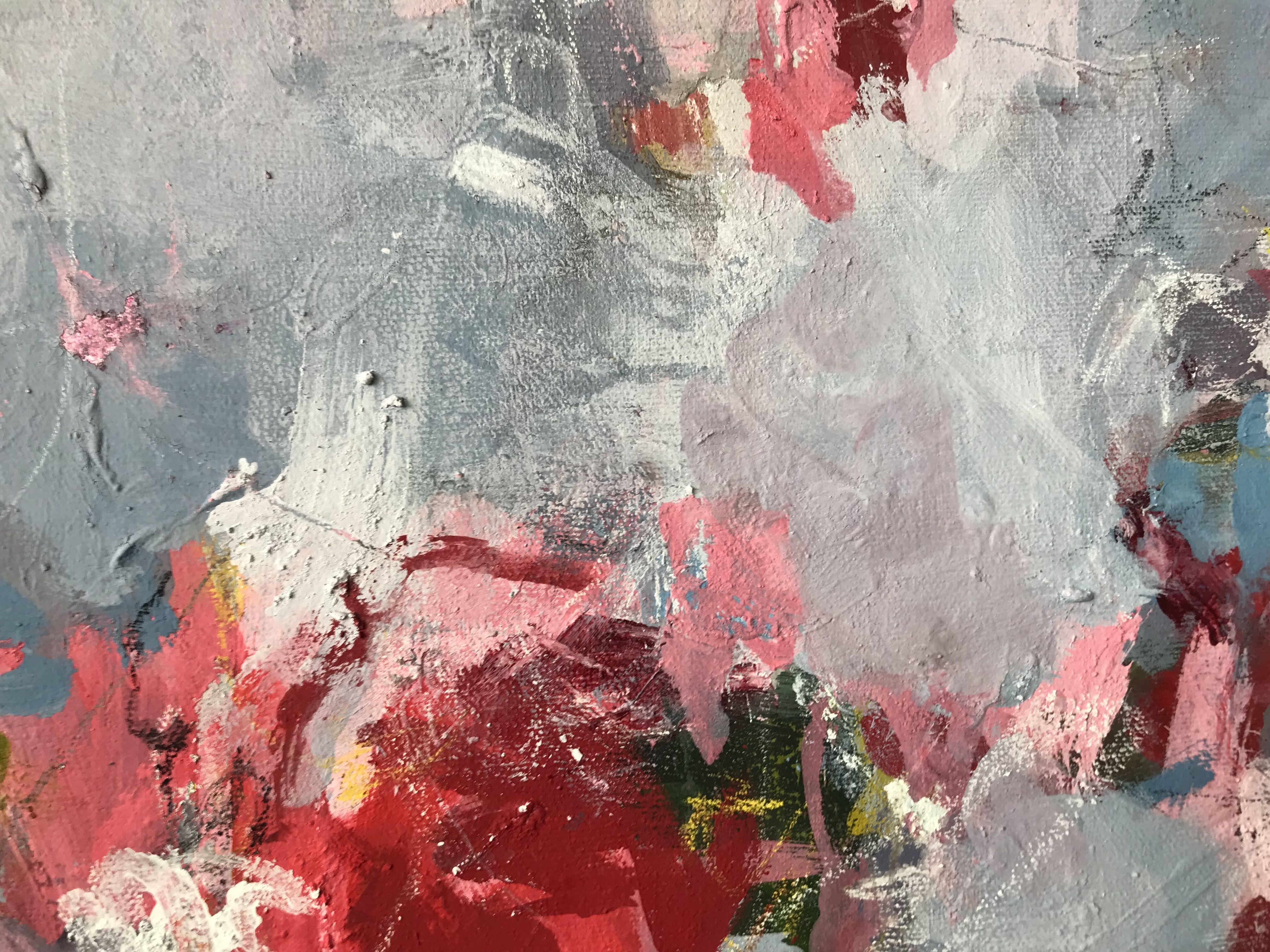 Questo dipinto caldo e astratto è nato da un processo lento; è stato costruito su molti strati di pittura creando una bellissima texture profonda. Il punto di partenza per questo pezzo è stata la combinazione di colori di bellissimi rossi e rosa.