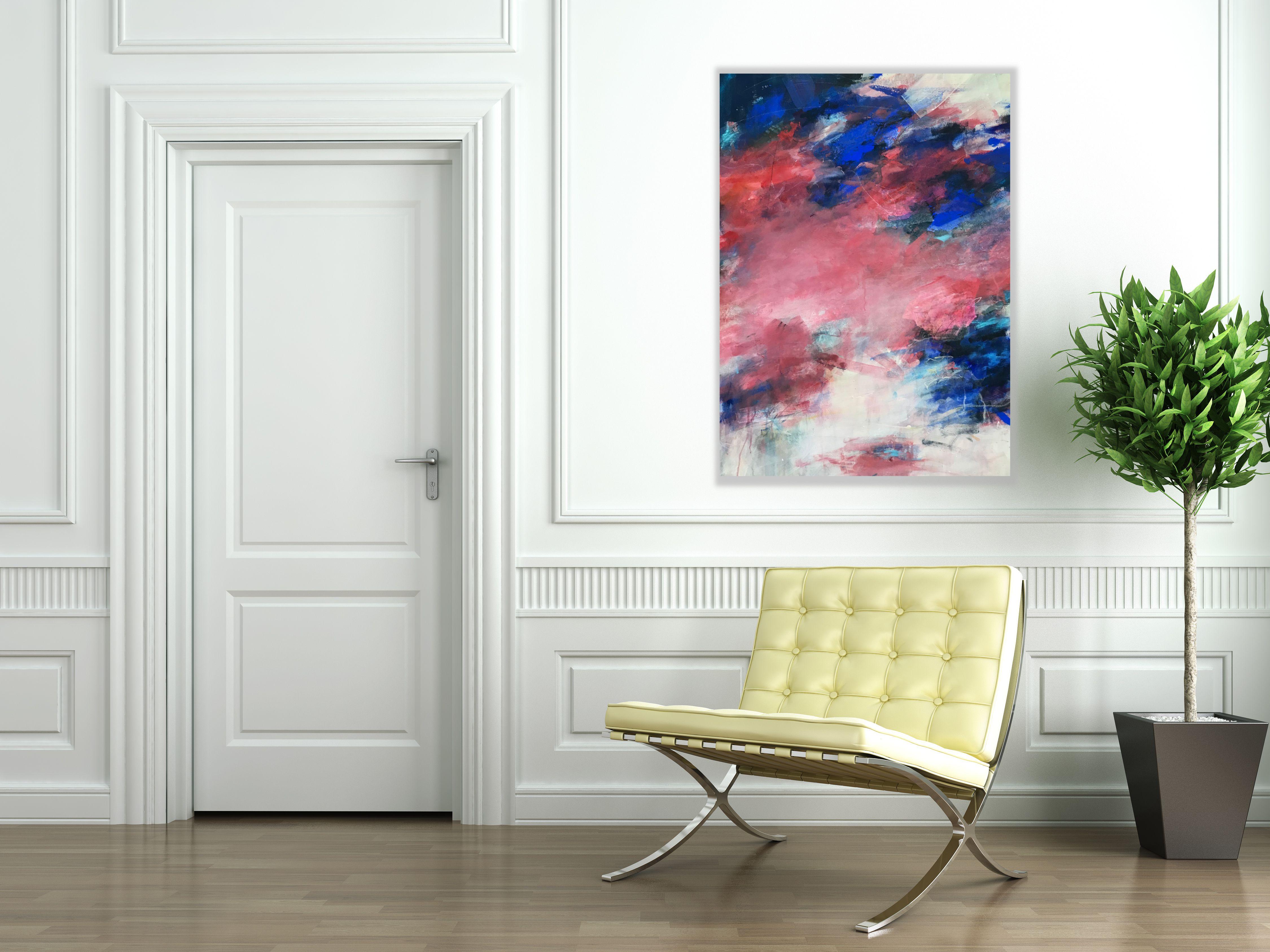 Questo quadro meravigliosamente vibrante è stato costruito con molti strati di pittura, il cui punto di partenza è la combinazione di colori tra il luminoso blu oltremare e il teatrale rosso rosato.    Mi sono piaciute le pennellate audaci e i segni