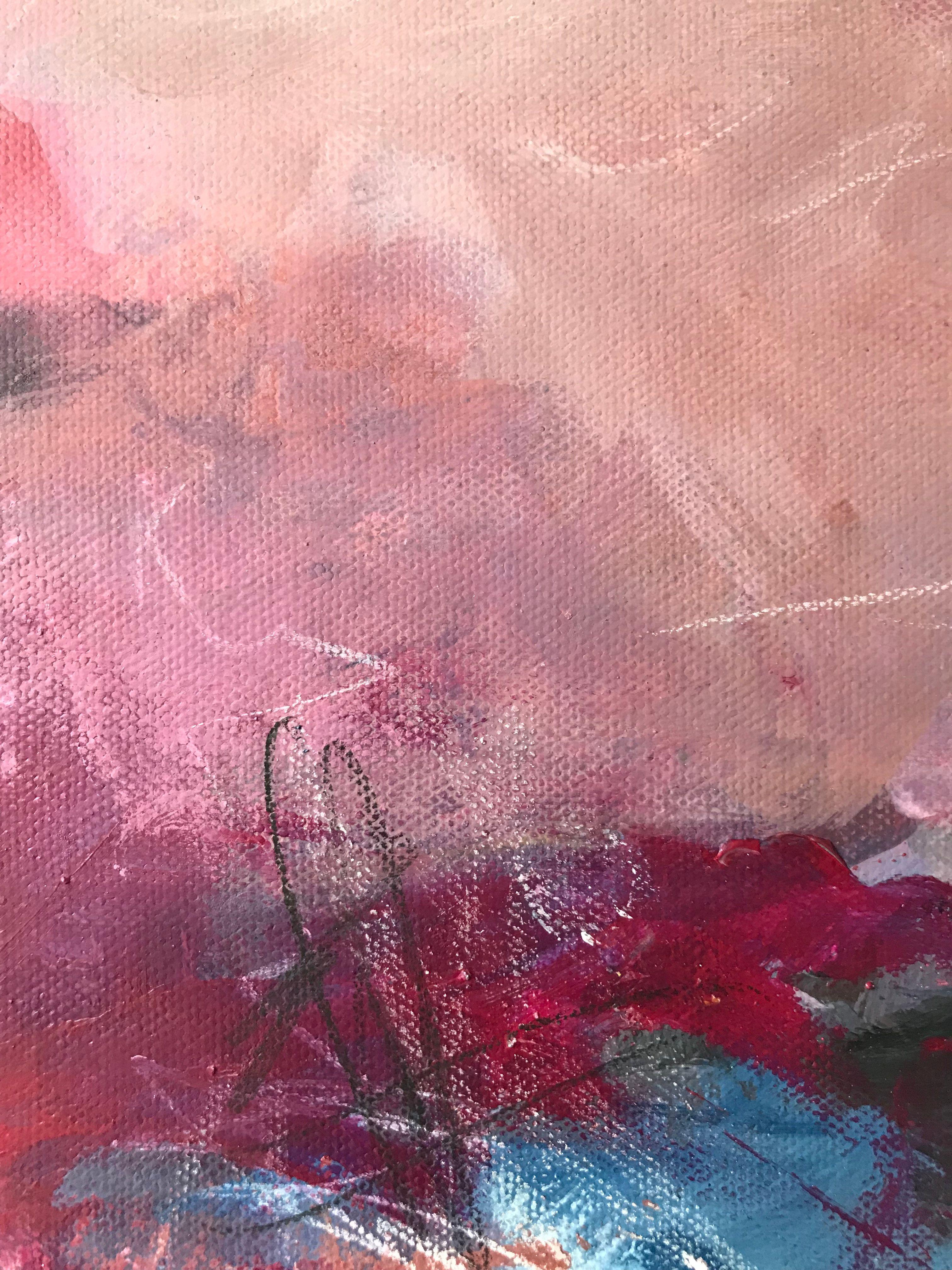 Questo dipinto di paesaggio astratto è stato costruito con molti strati sottili di pittura ed è nato da un processo lento. Il punto di partenza per questo lavoro è stato lo schema di colori e un paesaggio interno immaginato.    Mi sono piaciute le
