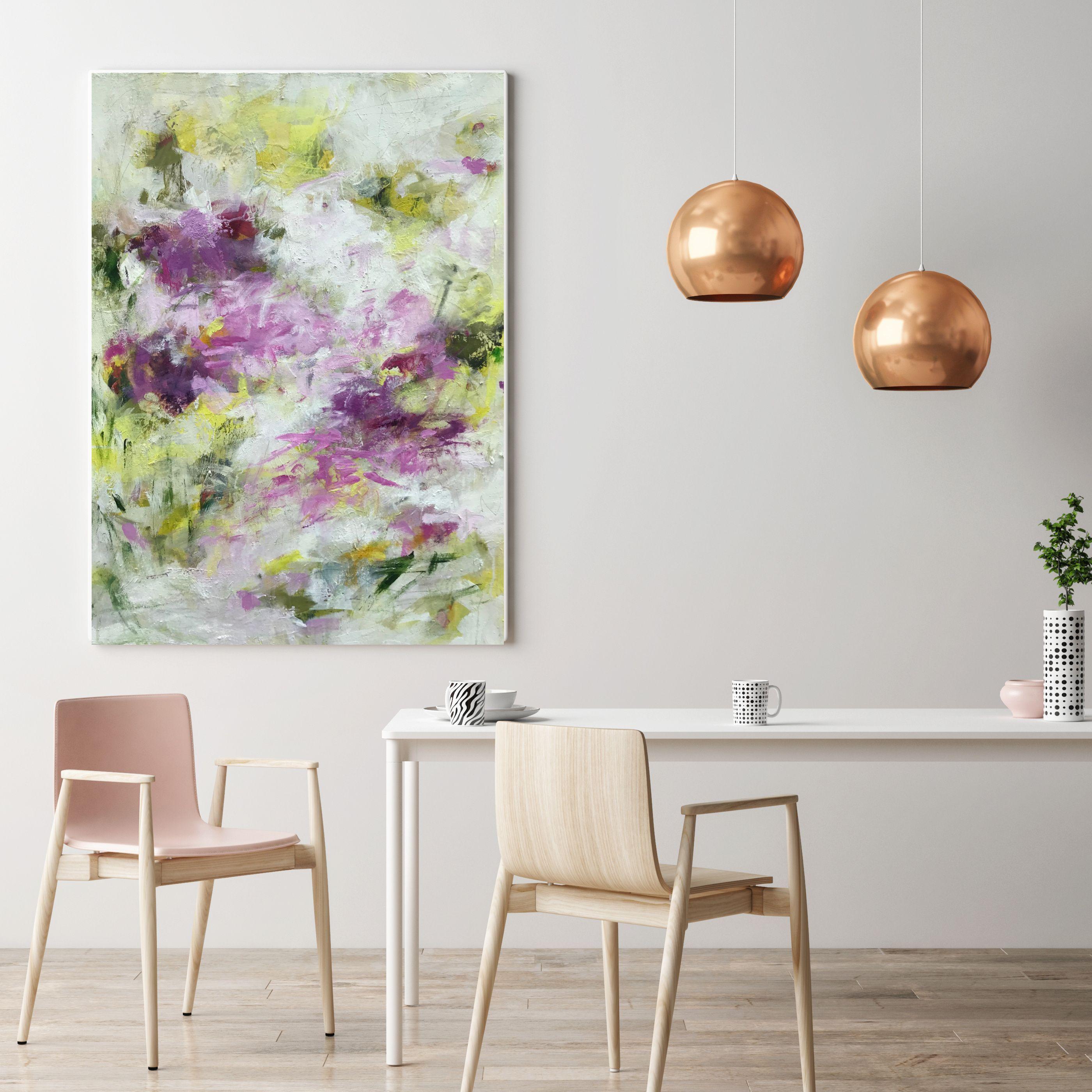 This beautifully vibrant and uplifting painting has been built over many thin layers of paint and grew out of a slow process. Its palette attempts to capture the notion of freshness and vibrancy that abounds in summer with flowers opening to greet