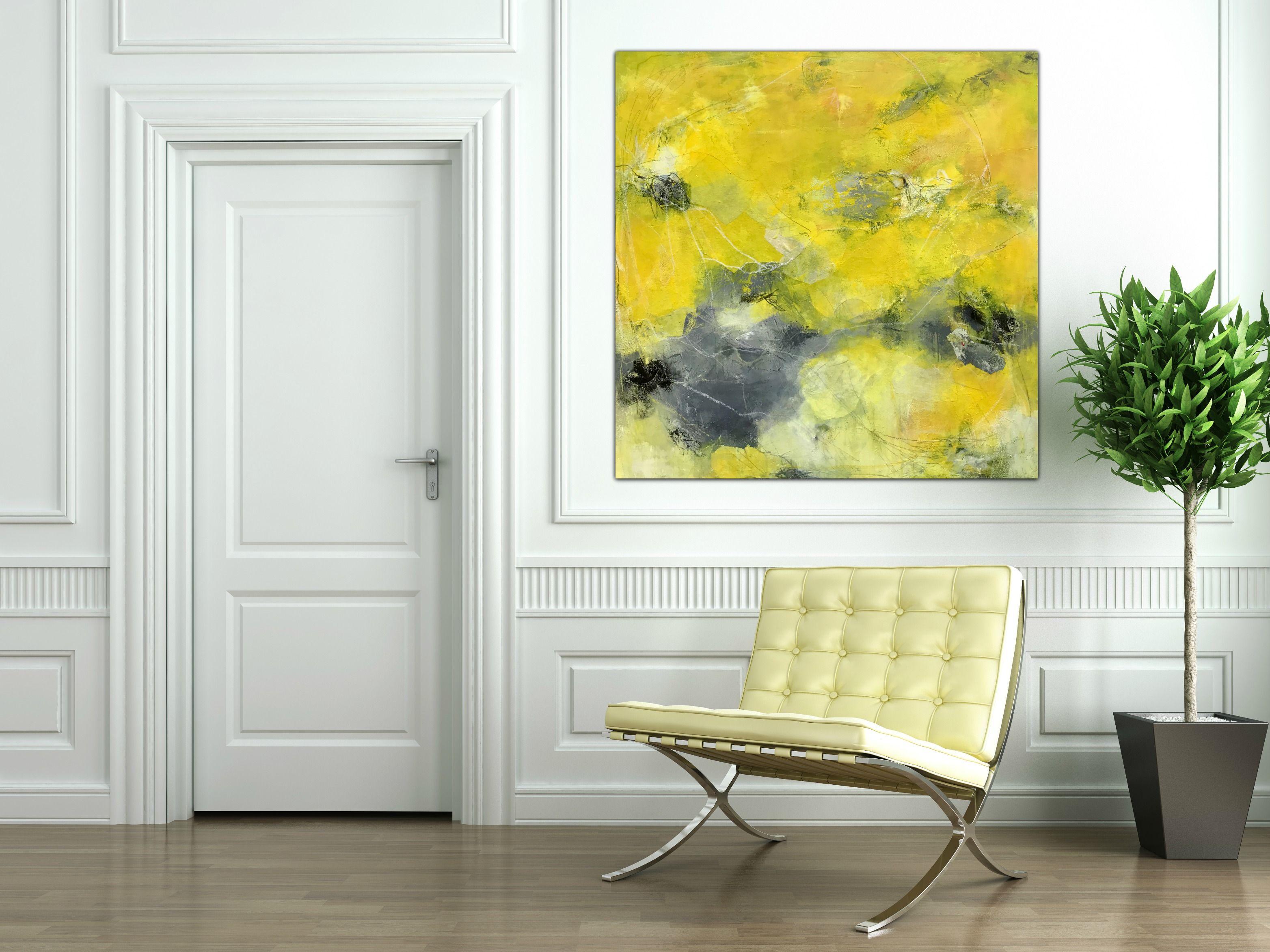 Waiting For Sunnier Days, Painting, Acrylic on Canvas - Yellow Abstract Painting by Angela Dierks