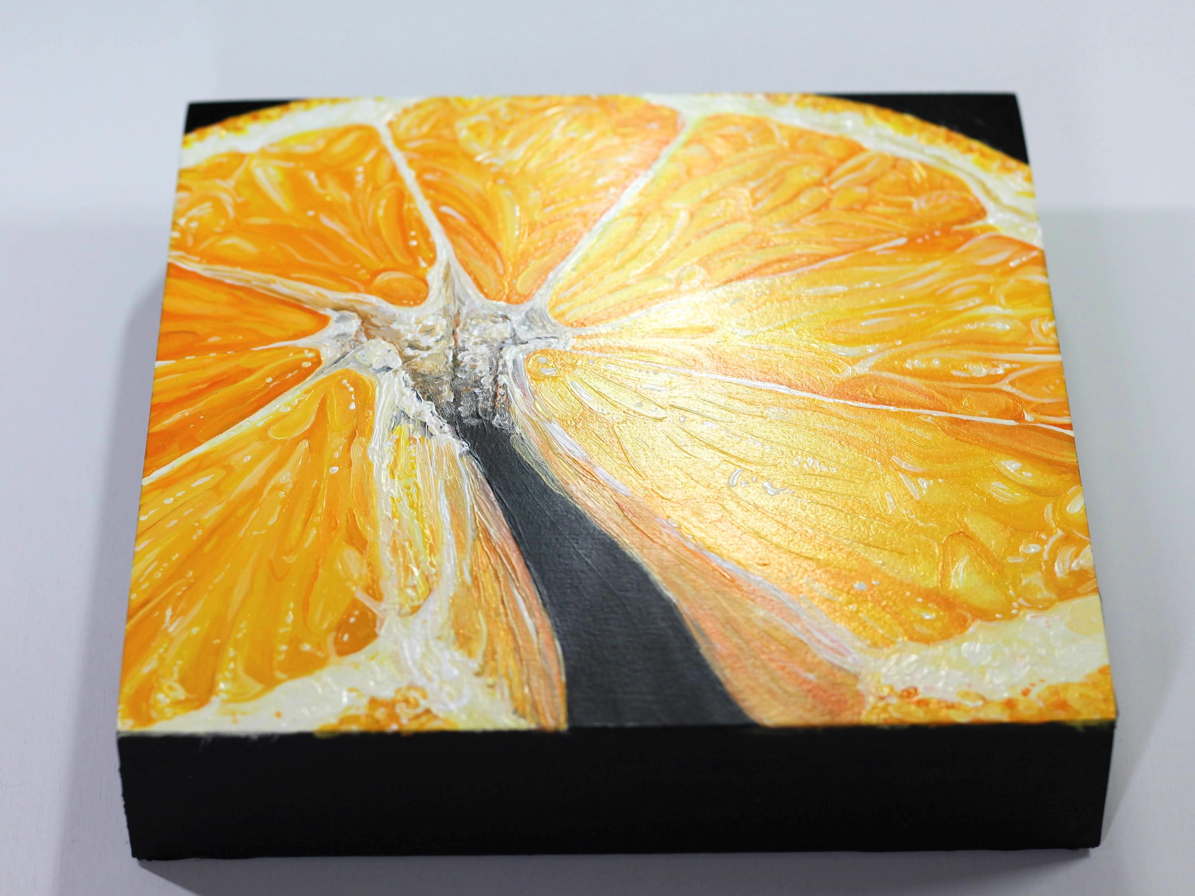 Lemon-original modern hyper realism oil painting-study-artwork-contemporary Art - Orange Still-Life Painting by Angela Faustina