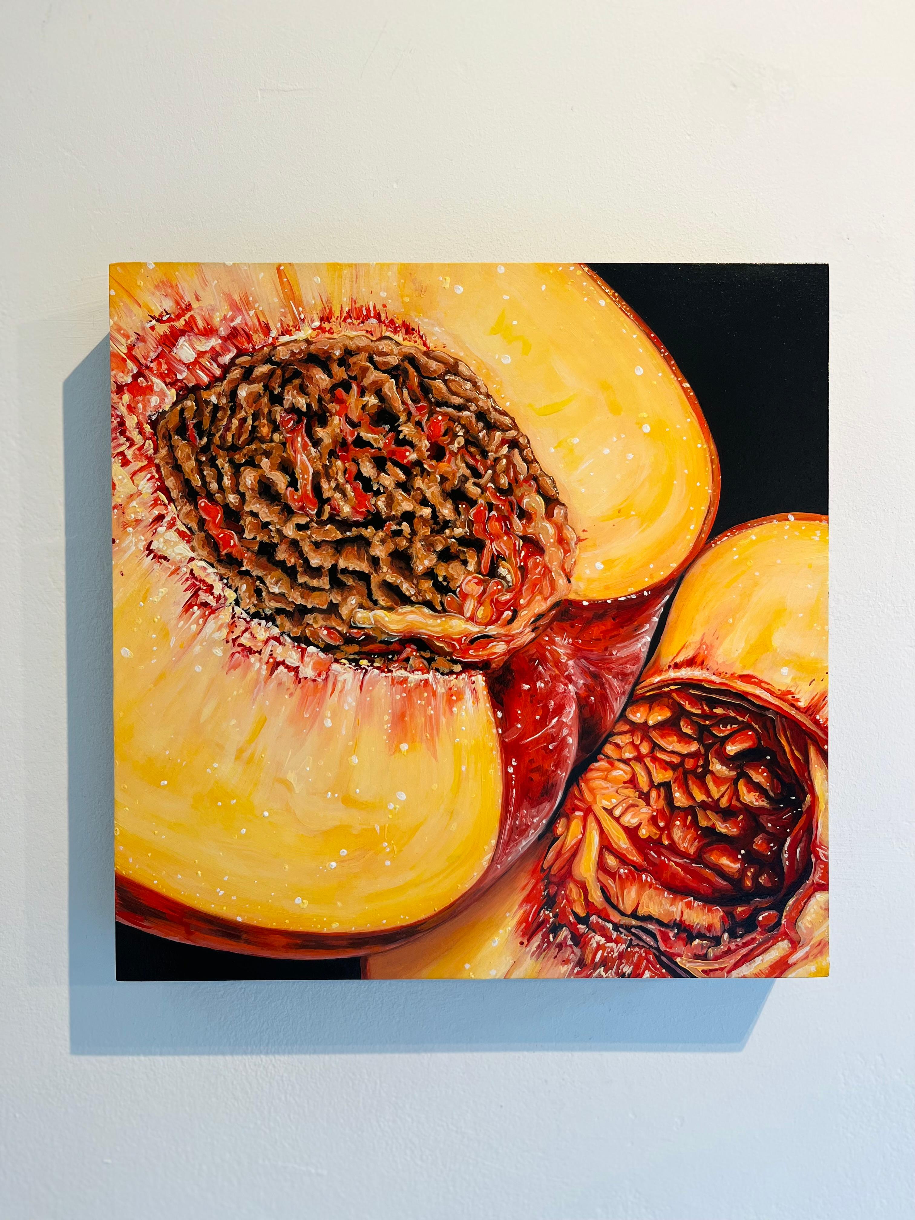 Melocotón XI-Naturaleza muerta original hiperrealismo pintura al óleo-obra de arte-arte contemporáneo - Painting de Angela Faustina