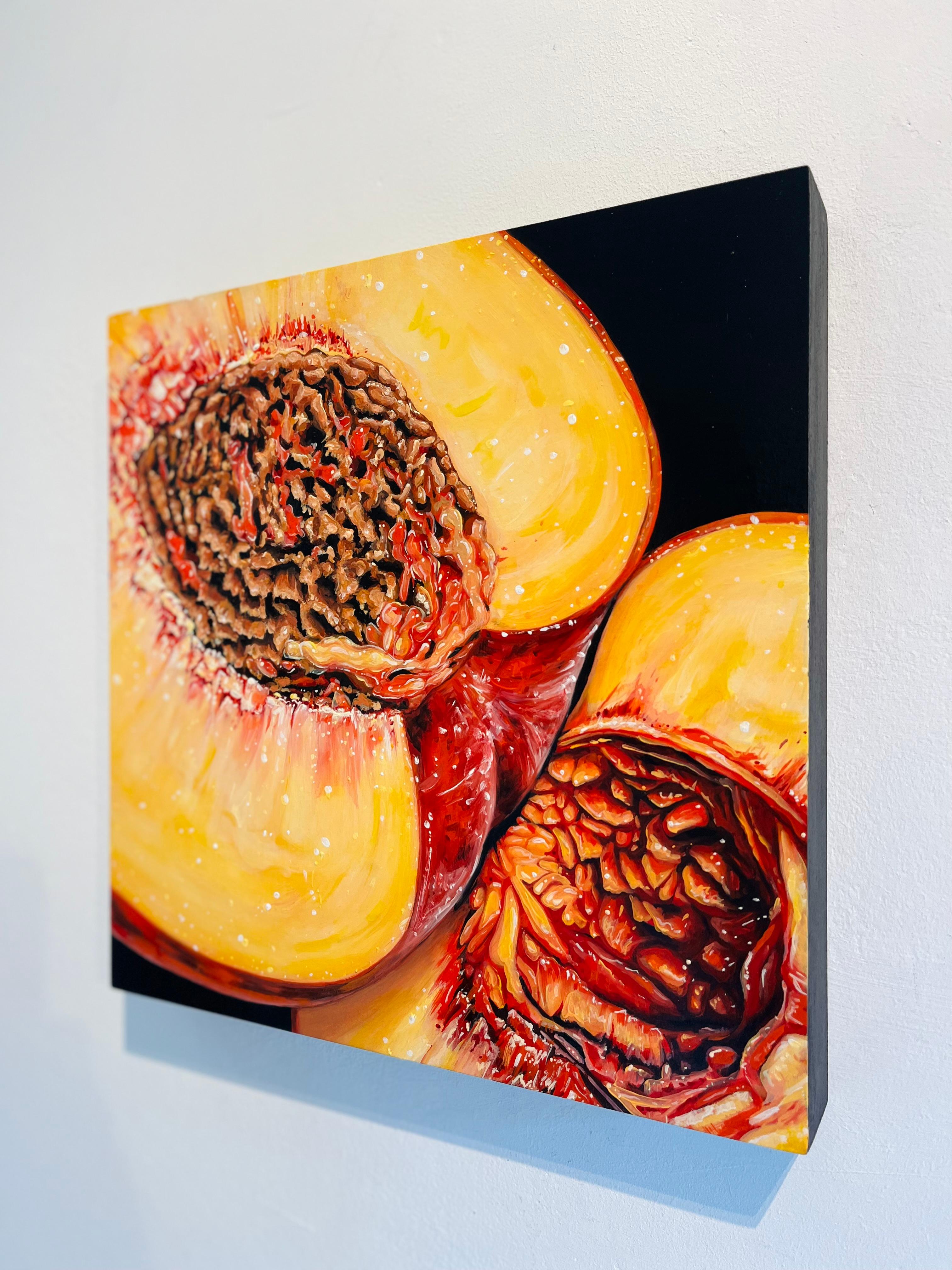 Melocotón XI-Naturaleza muerta original hiperrealismo pintura al óleo-obra de arte-arte contemporáneo - Painting Realista de Angela Faustina